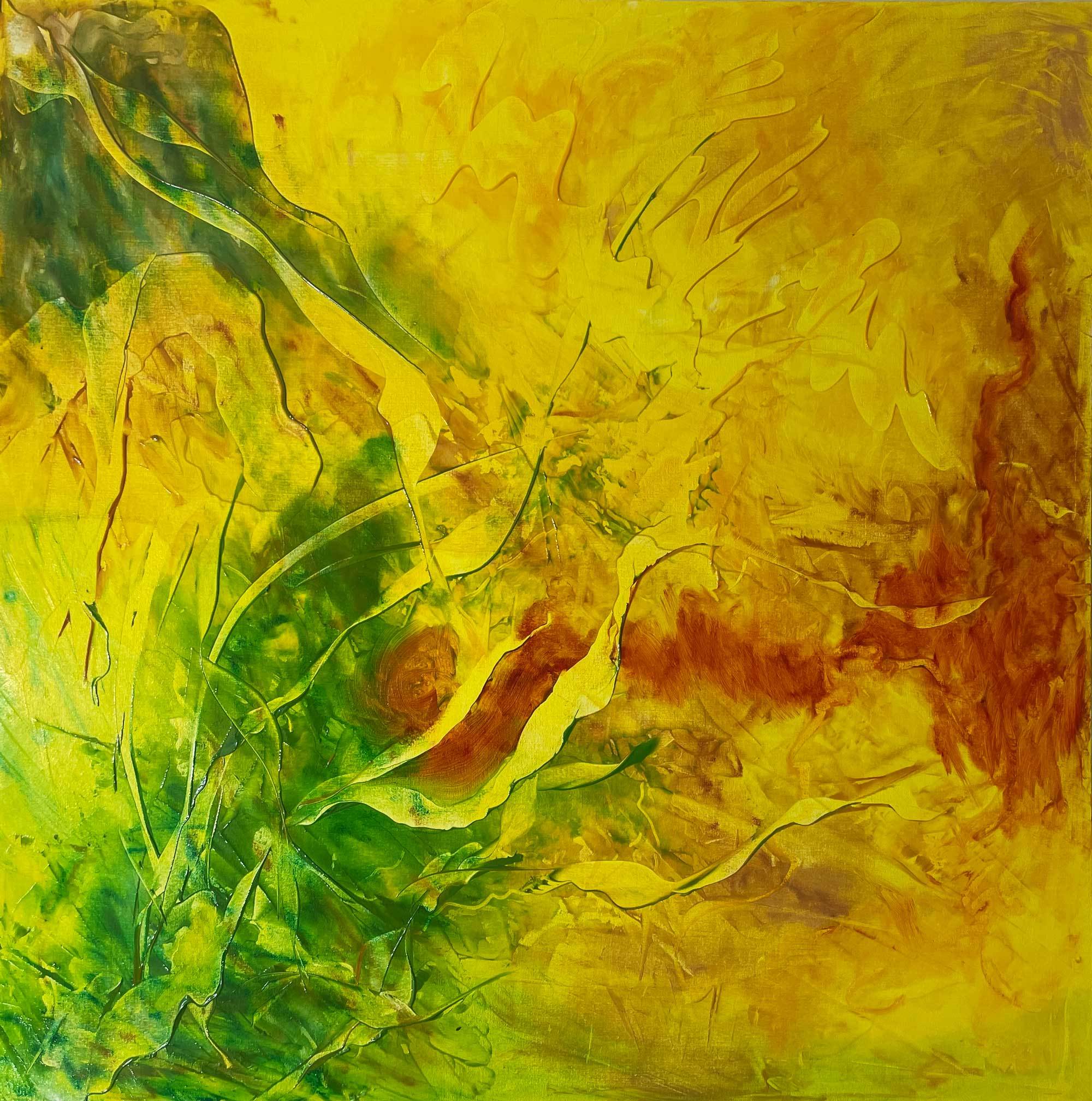 Abstract painting, primarily yellow with green seeping in from the left-hand corners, and red from the centre to the right.