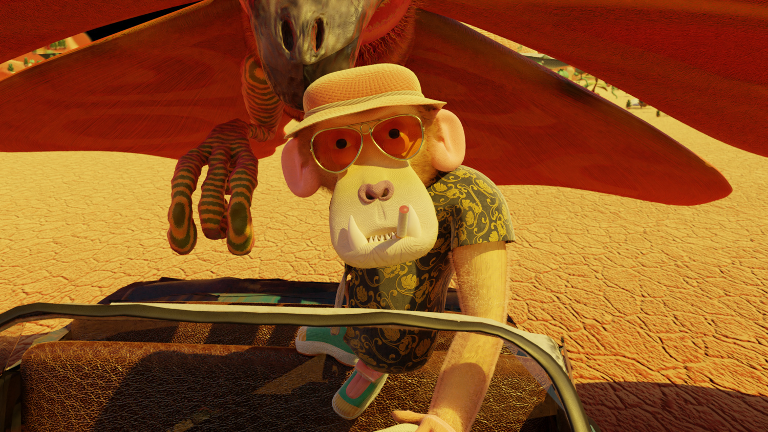 3D render of a monkey smoking in a car in the desert wearing a cap and red sunglasses, dragon off-camera behind it.