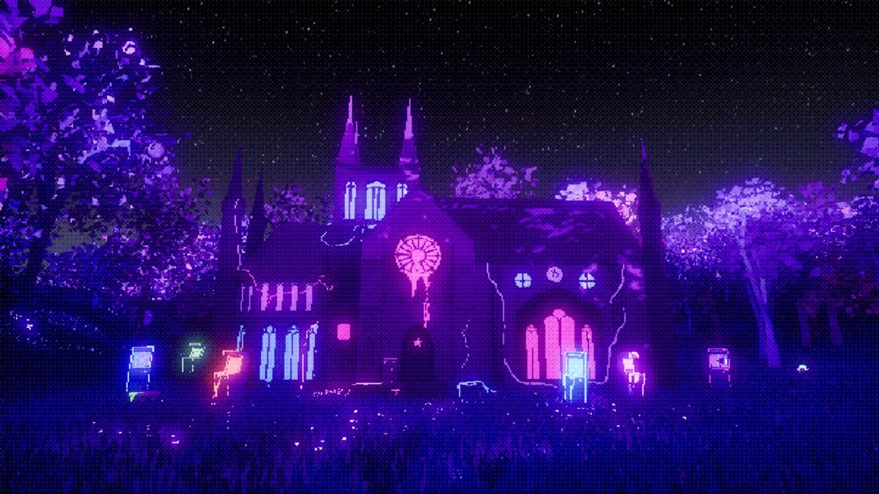 A digitally rendered building resembling a church is illuminated with vibrant purple and pink neon lights. Surrounding greenery is also lit with similar hues, creating a surreal atmosphere under a starry night sky.