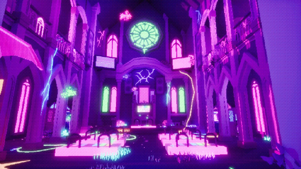 An interior view of a brightly lit, futuristic space resembling a cathedral, featuring glowing purple and neon decorations. A large circular window with intricate designs is visible at the top, casting vibrant light on the ornate architecture.