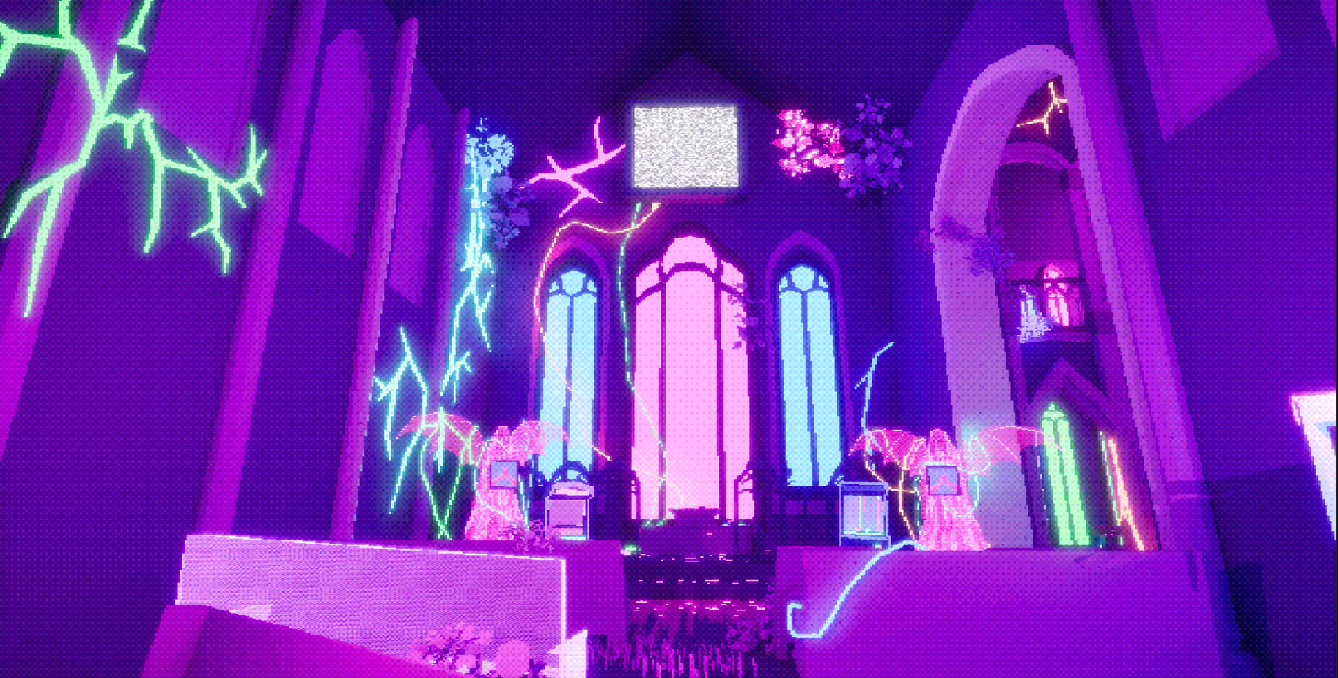 A digital rendering of an interior space resembling a church, featuring bright neon lightning elements and vibrant purple hues. The architecture includes tall stained glass windows with varying shades of light and floral decorations.