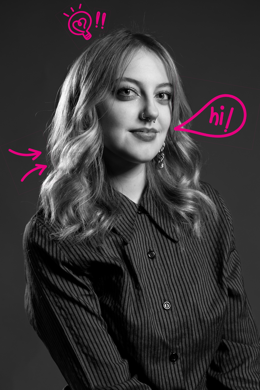 Black and white portrait of L Bluebell in striped shirt with bright pink doodles: lightbulb with "Q!!" above left, speech bubble with "hi!" right, and arrow pointing left.