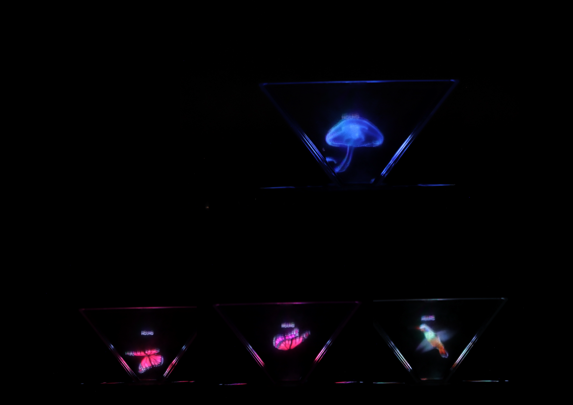 Four pyramid-shaped holographic displays against black background showing blue, pink, and multicoloured projections in triangular glass cases.