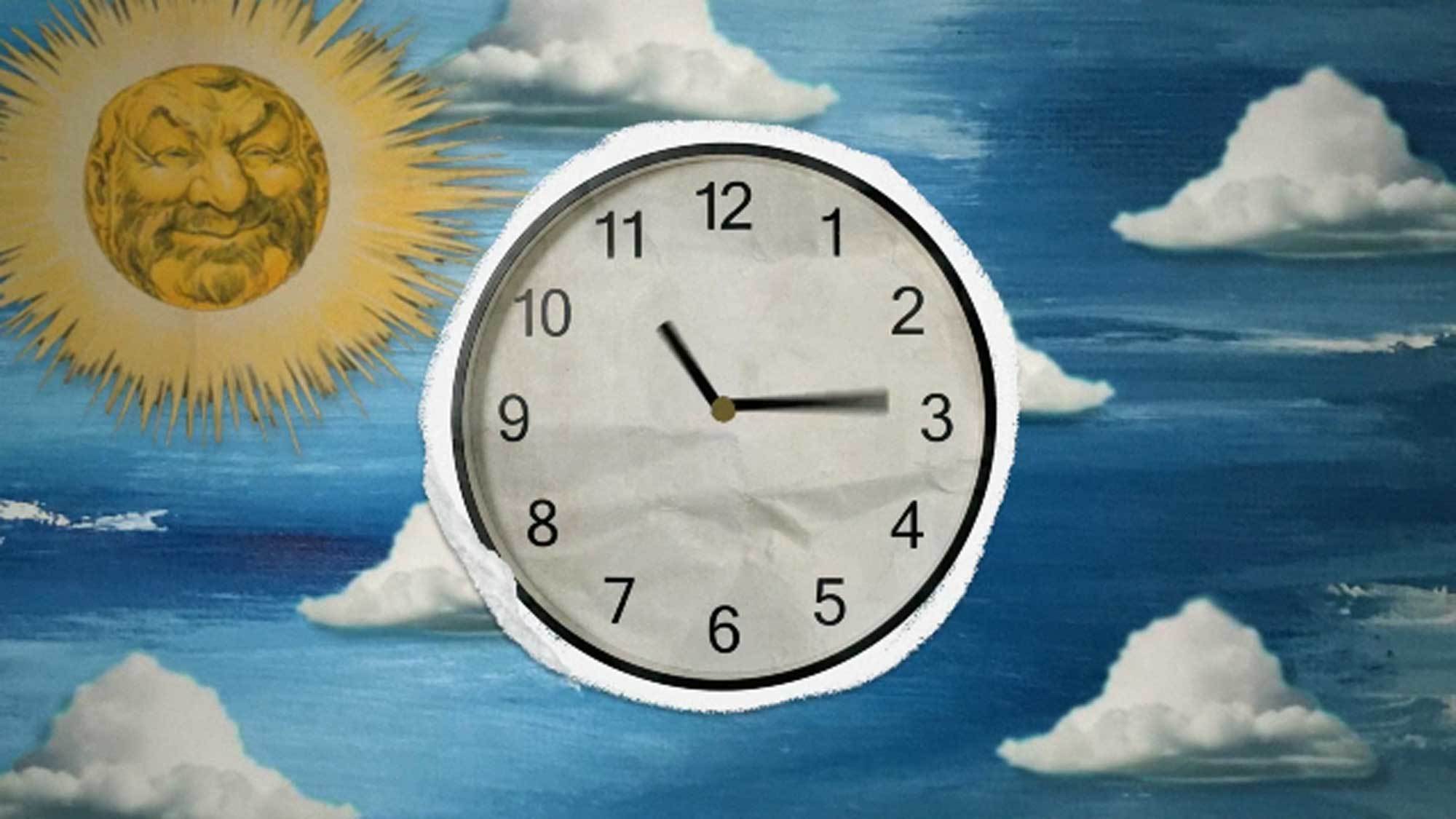 Illustration of a clock's face set to 11:15 with a cloudy sky and a sun with an expressive face in the background.