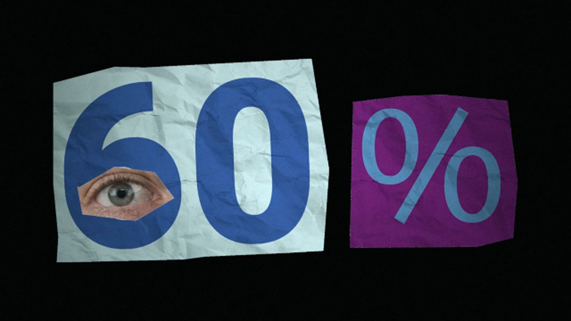 Two pieces of paper on a black background. The larger piece has the number 60 and a cut-out of a person's eye in the 6. The smaller has a percentage sign on it.
