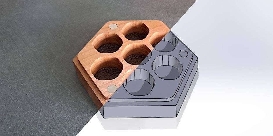 Image is cut in half: one half shows a 3D digital drawing of a cog and the other half shows it created as a 3D product.