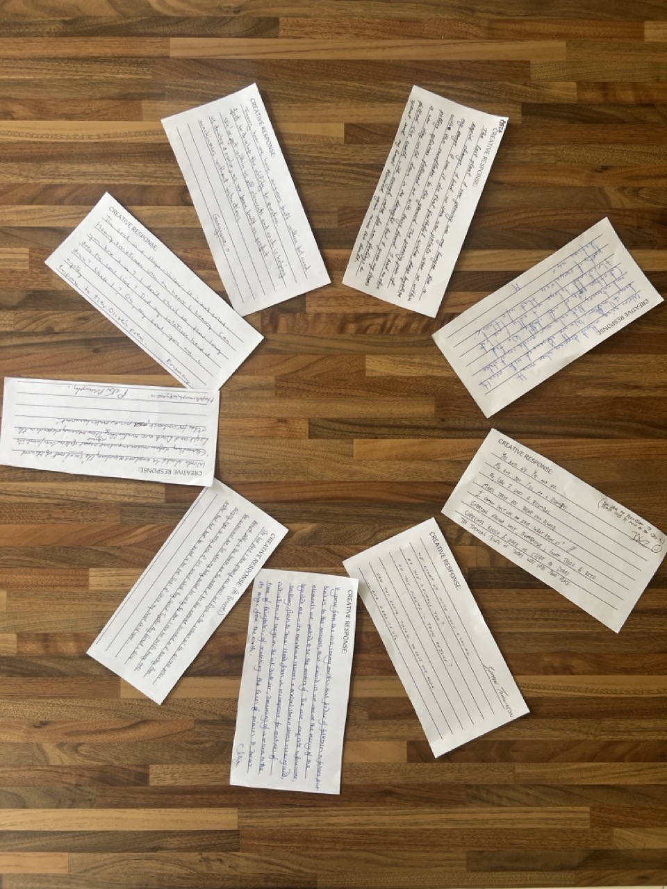 Nine handwritten notes arranged in a circle on a wooden floor, each on a separate sheet of lined paper.