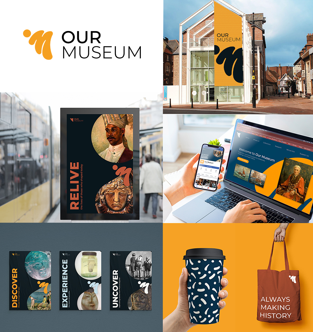 An assortment of designs and posters for Poole Museum, including a logo with text reading 'Our Museum', an open laptop and smartphone, and four different posters with text 'Believe', 'Discover', 'Experience', and 'Uncover'.