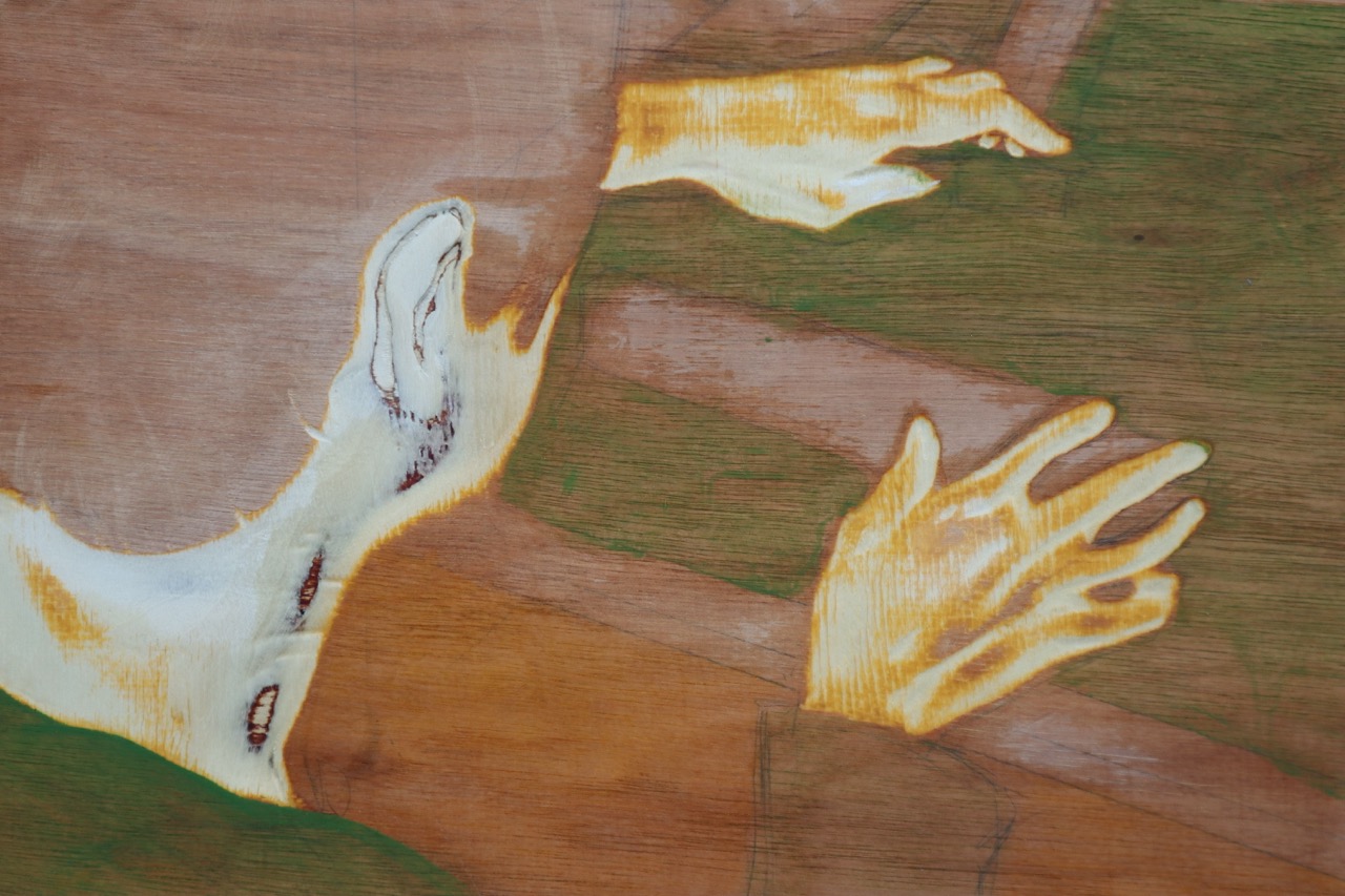 An abstract painting shows three pale hands and a profile-like white form across layered green, brown and beige brushstrokes.