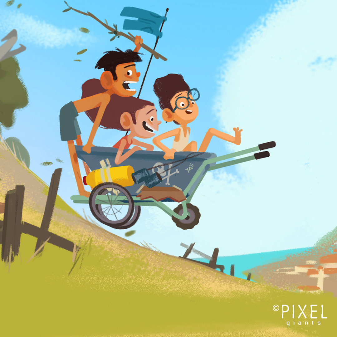 Illustration of three children riding down a hill in a wheelbarrow.