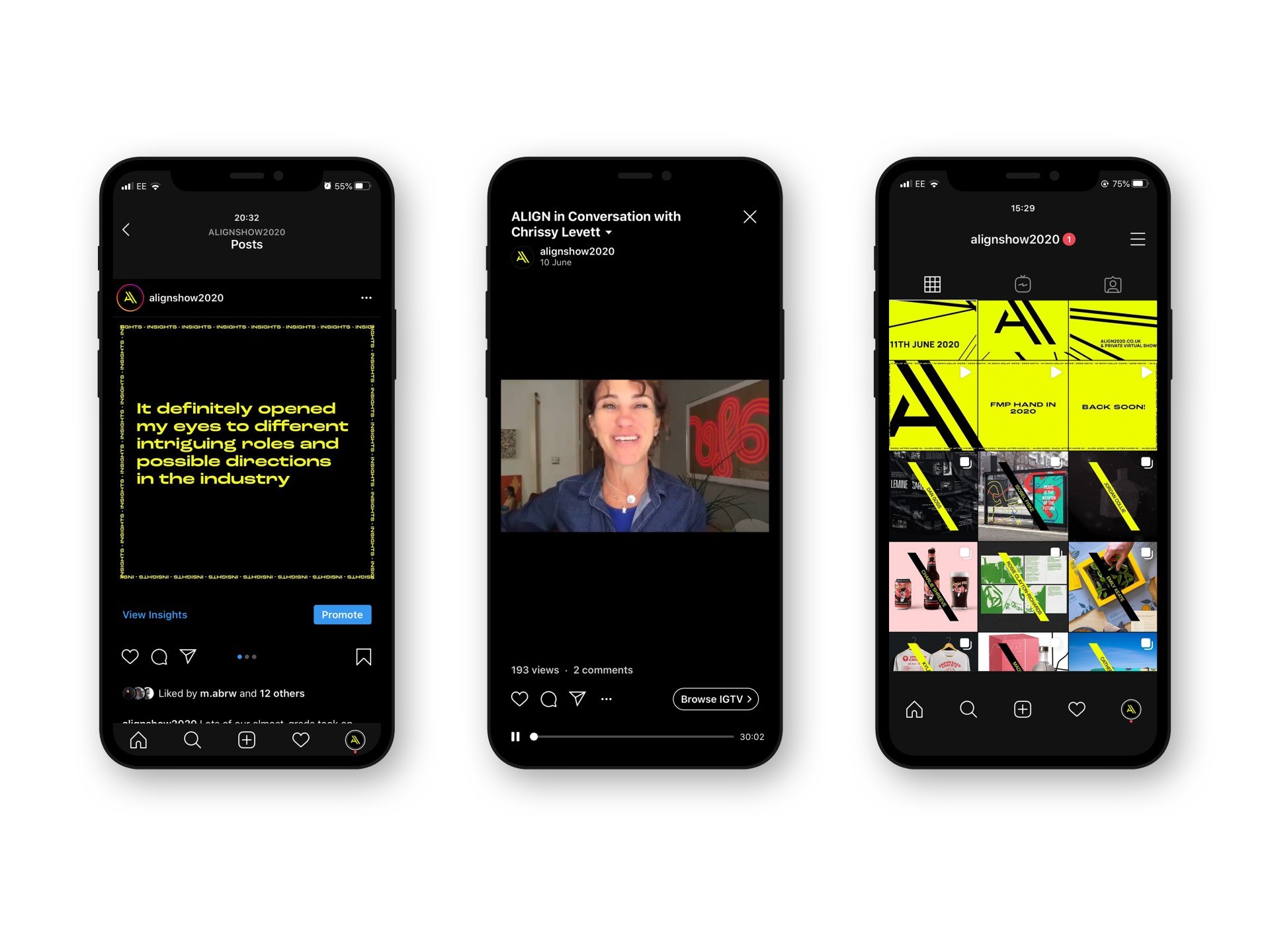 Three cell phones lie on a plain background with different screens displaying on each.