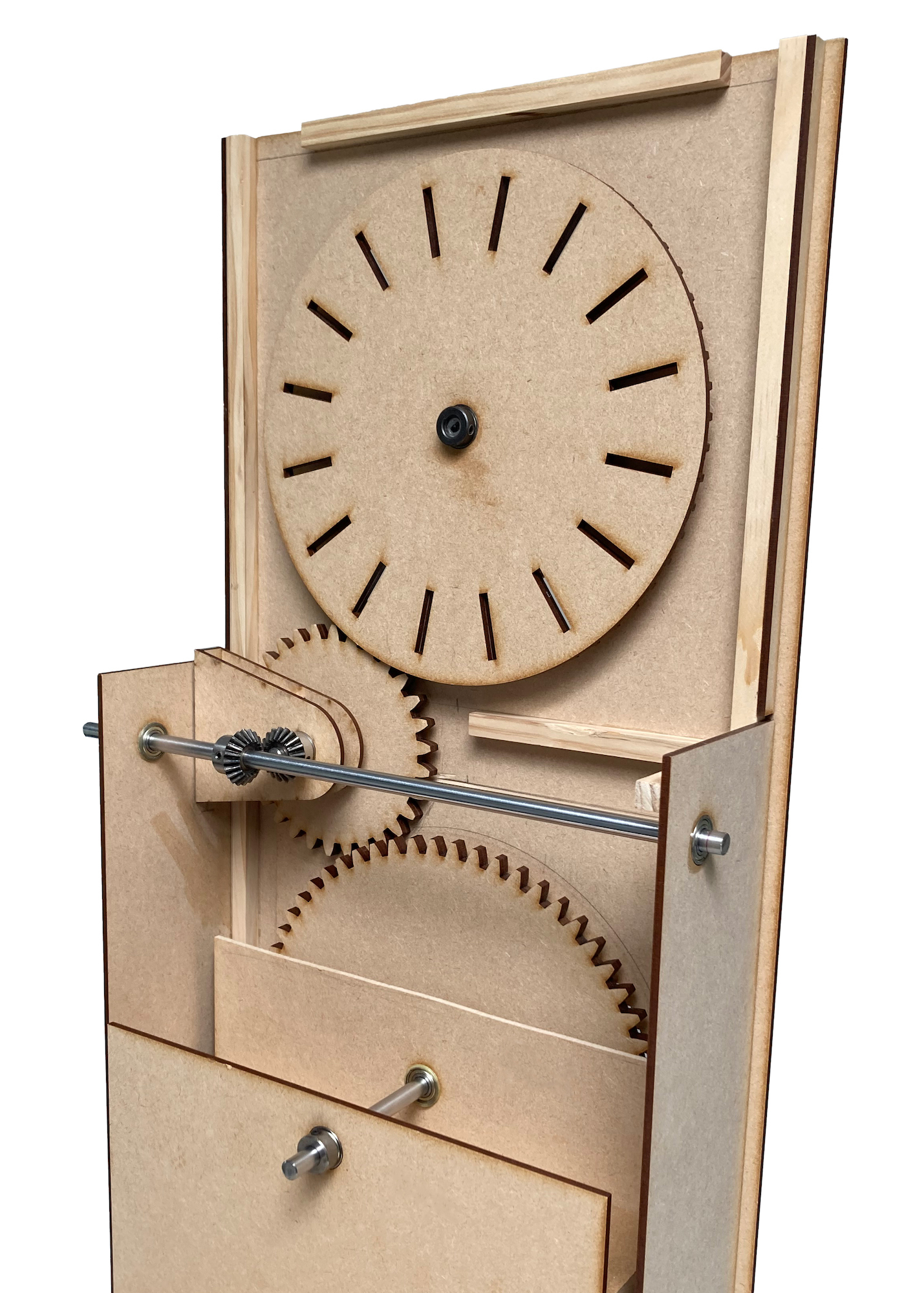 Inside of a wooden model showing a series of gears and panels.