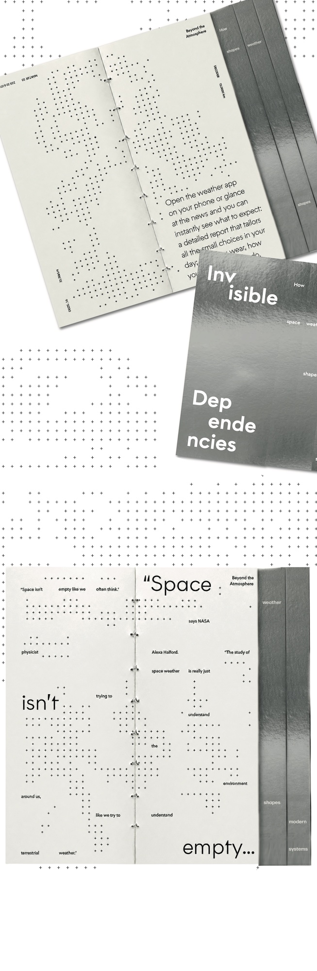Three minimalist brochure or poster pages with dotted patterns and typography arranged on a light background, including the words “Invisible Dependencies” and “Space isn’t empty.”