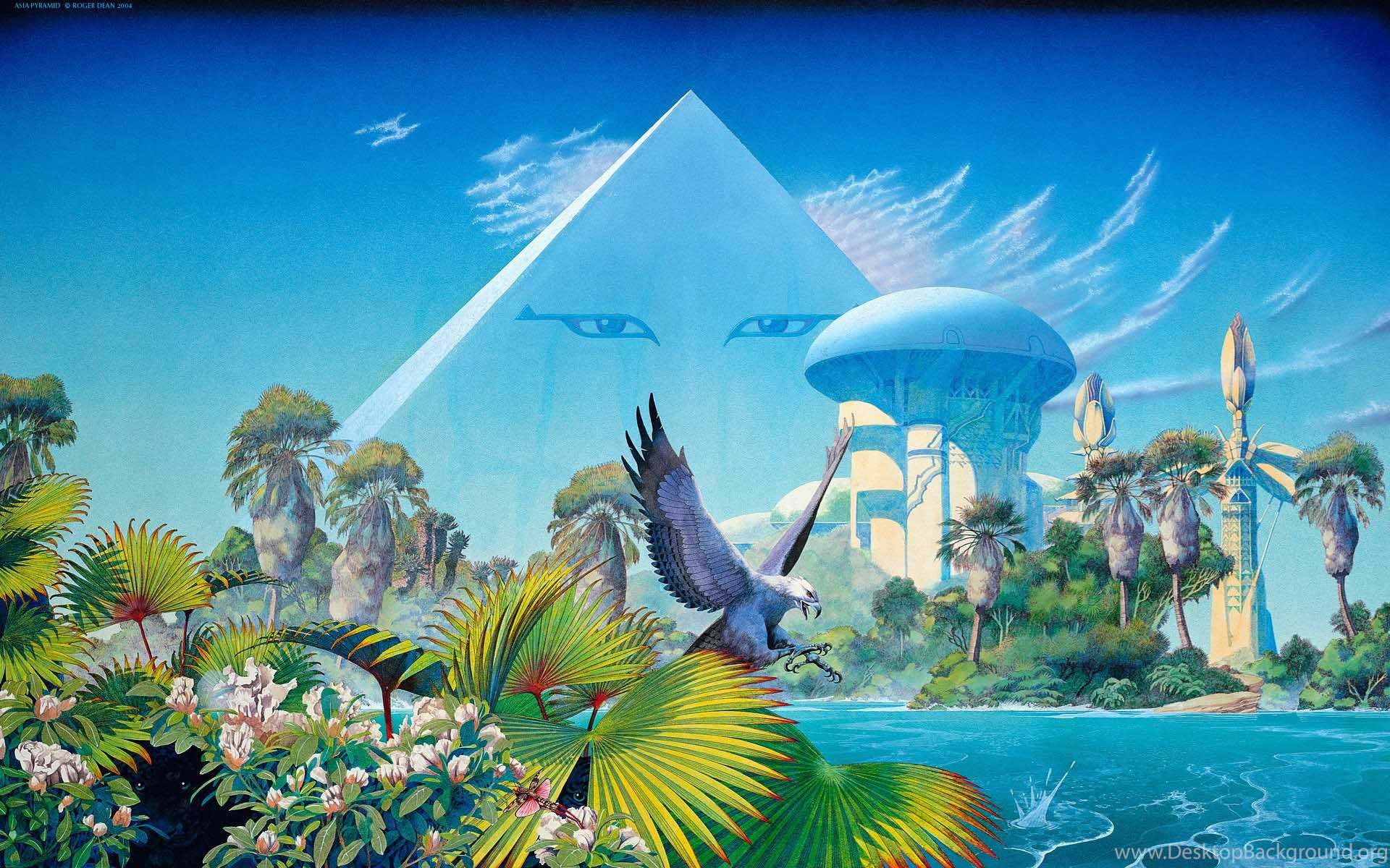Exotic plants and trees with water running around them. A pyramid with Ancient Egyptian-style eyes in the background against a blue sky.