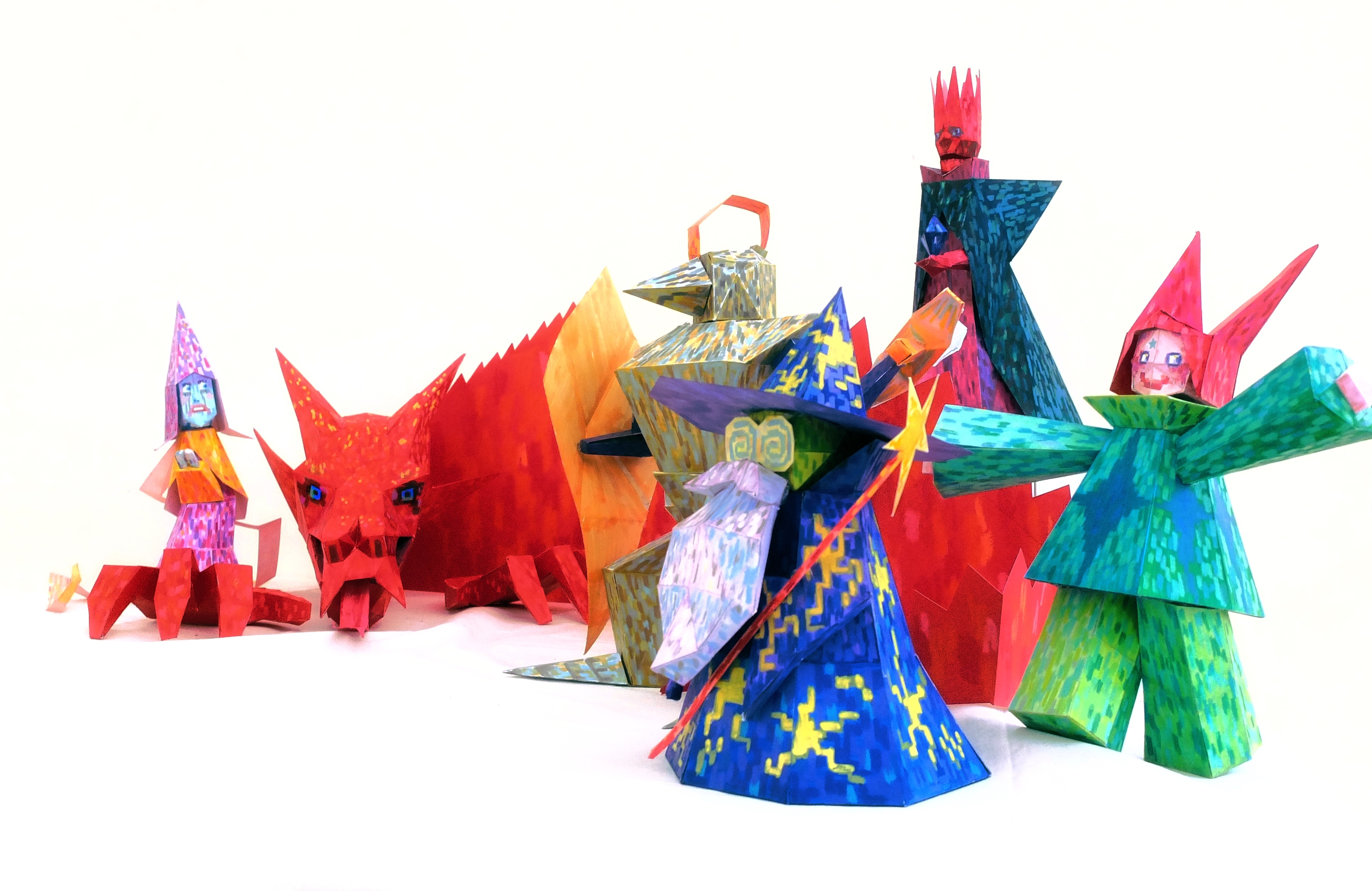 A collection of colourful 3D-rendered characters including a wizard and dragon, white background.