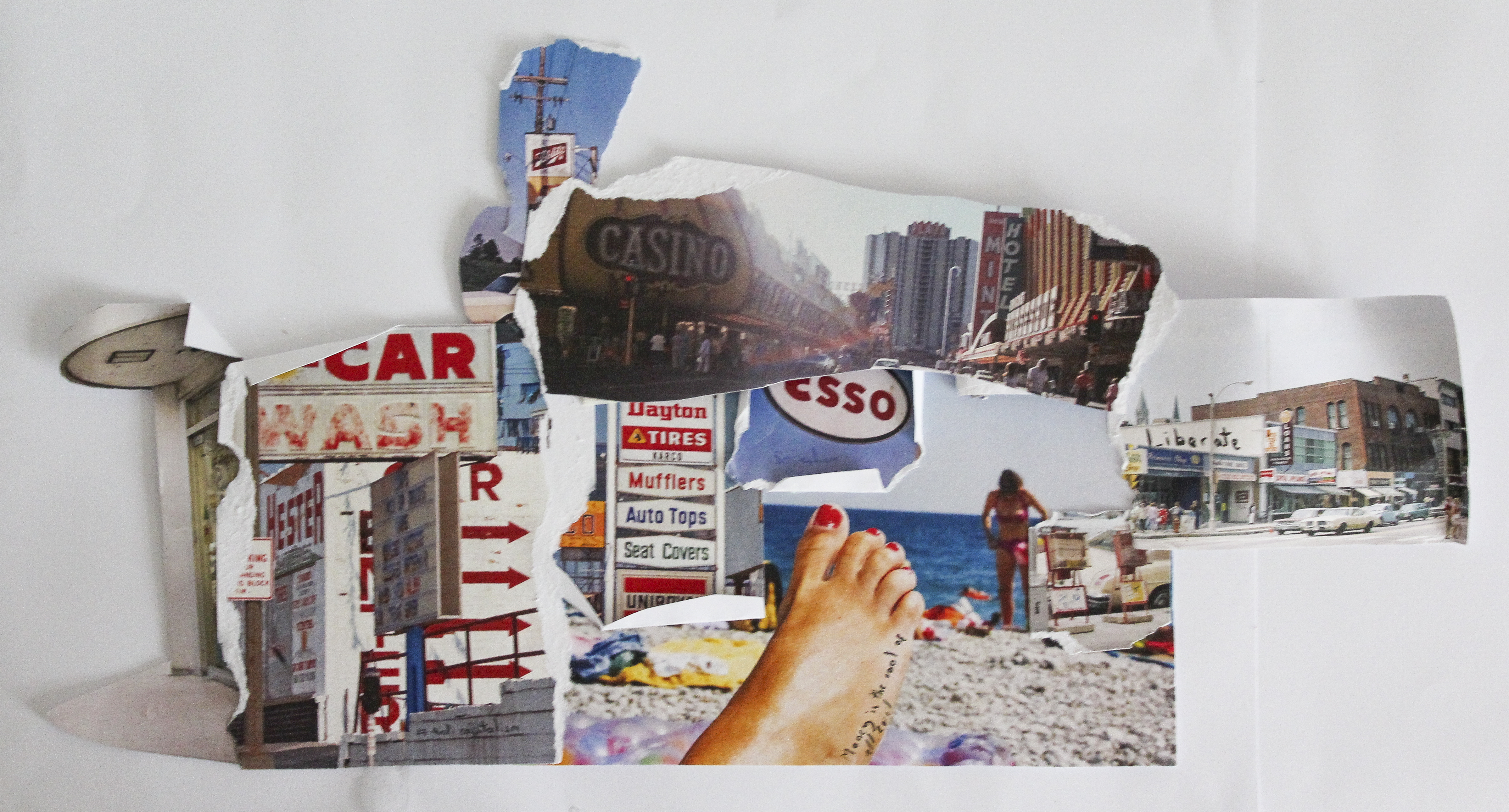 Collage of various painted urban and beach scenes on torn paper, white background