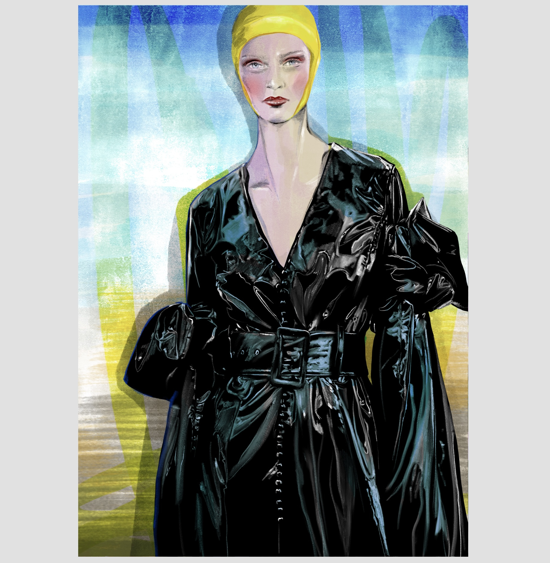 Painting of a woman wearing a long leather-style outfit and a swimming cap