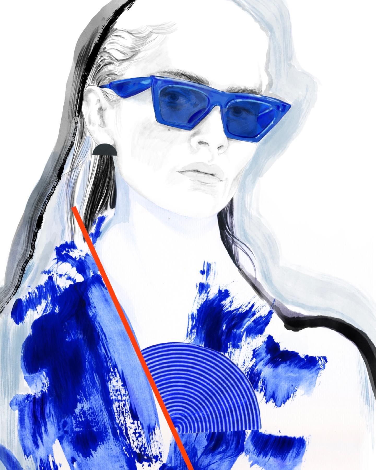 Painting of a woman wearing blue sunglasses. The painting has various blue accents at the bottom.