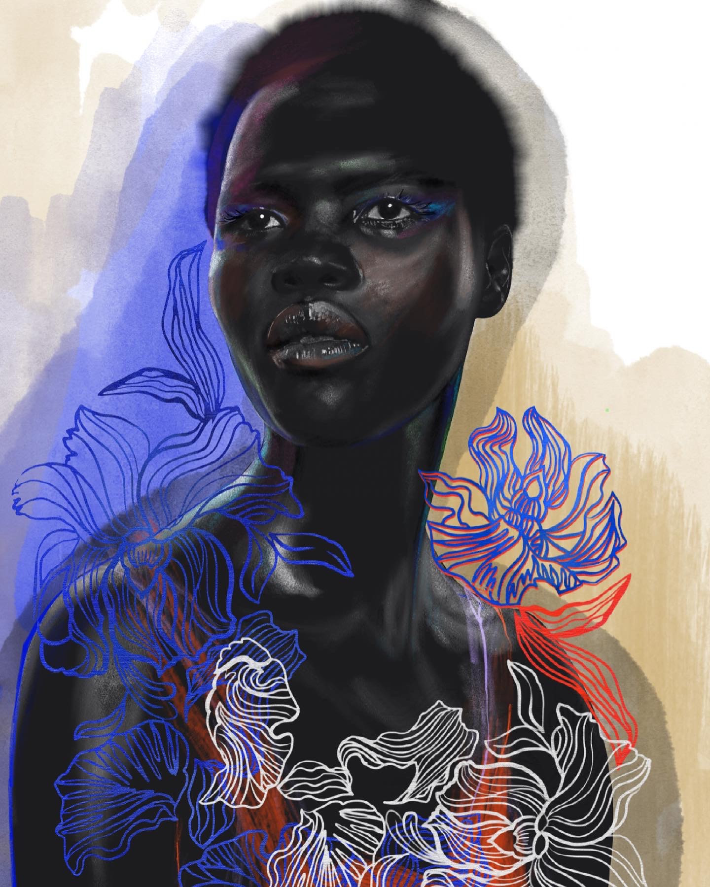 Painting of a person with a contemplative expression with several multicoloured petal-like shapes in front of them.