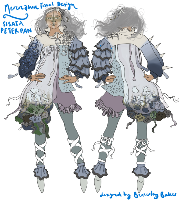 Illustrated design for a pollution-inspired dress with ruffles and embroidered textures, white background.