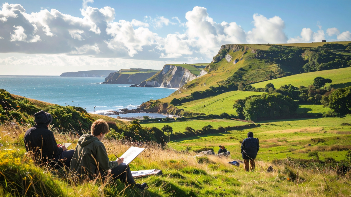 People sitting on grassy clifftop overlooking blue sea and green coastal landscape with rolling hills under cloudy sky