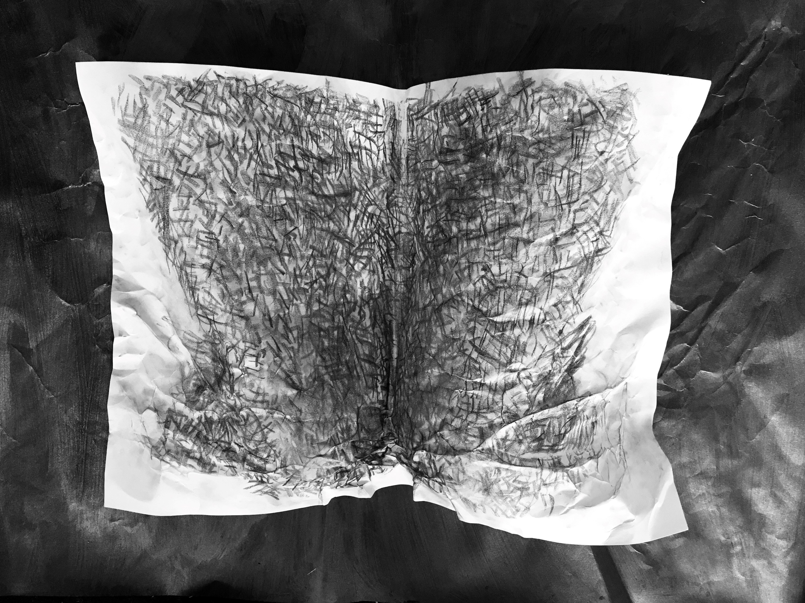 A piece of paper with a loose fold in the centre and charcoal marks across most of the page.
