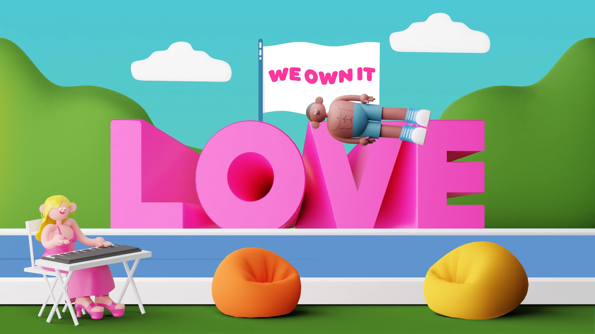 An animated character sits beside a pool with a 'Love, we own it' logo above