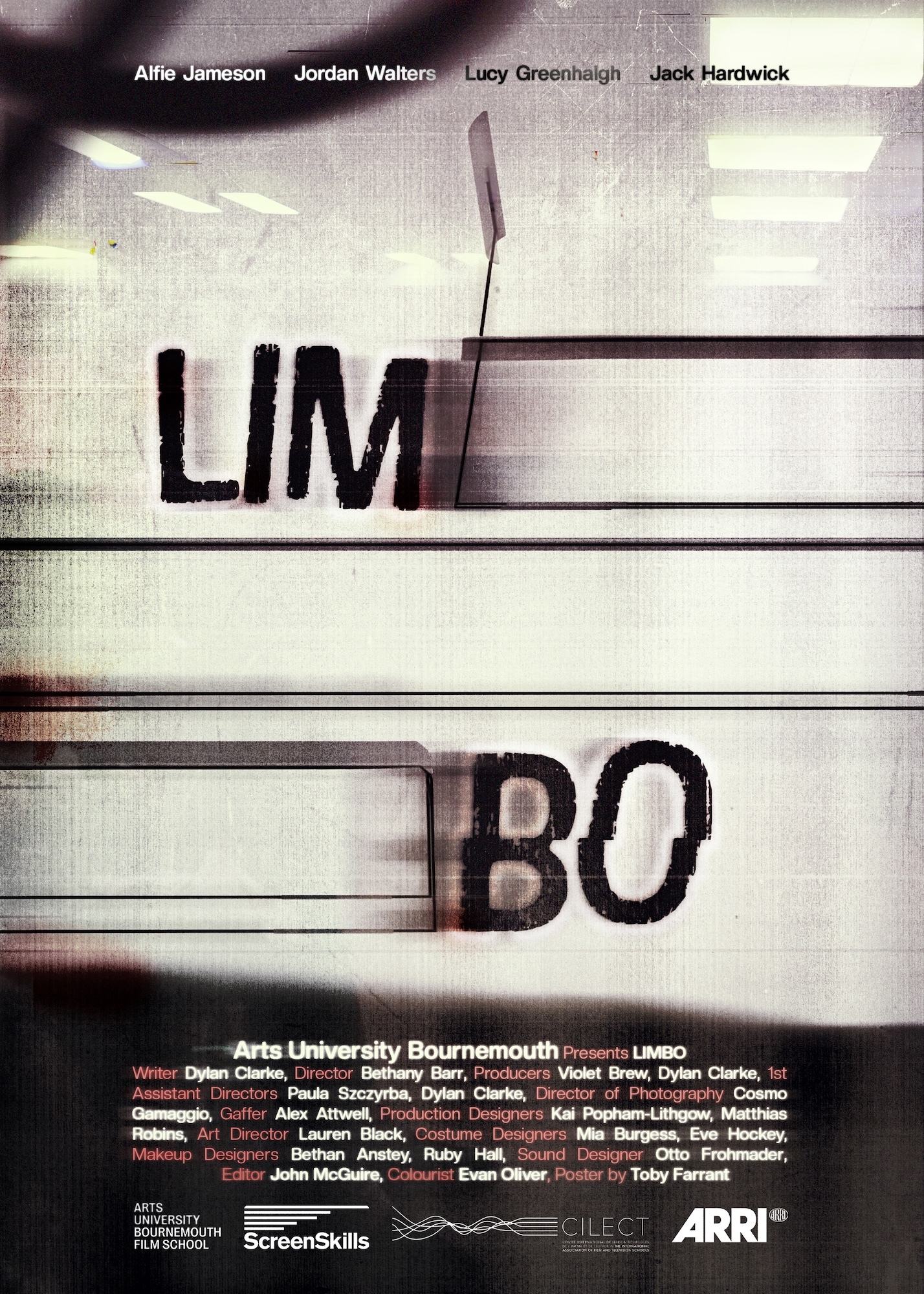 Film poster with distorted white and grey horizontal bars, black text "LIMBO" split across centre, actor names at top, production credits below.