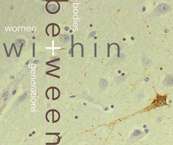 Poster with an abstract green-grey background, and the words "Within + Between Women, Bodies, Generations" arranged on the left side.
