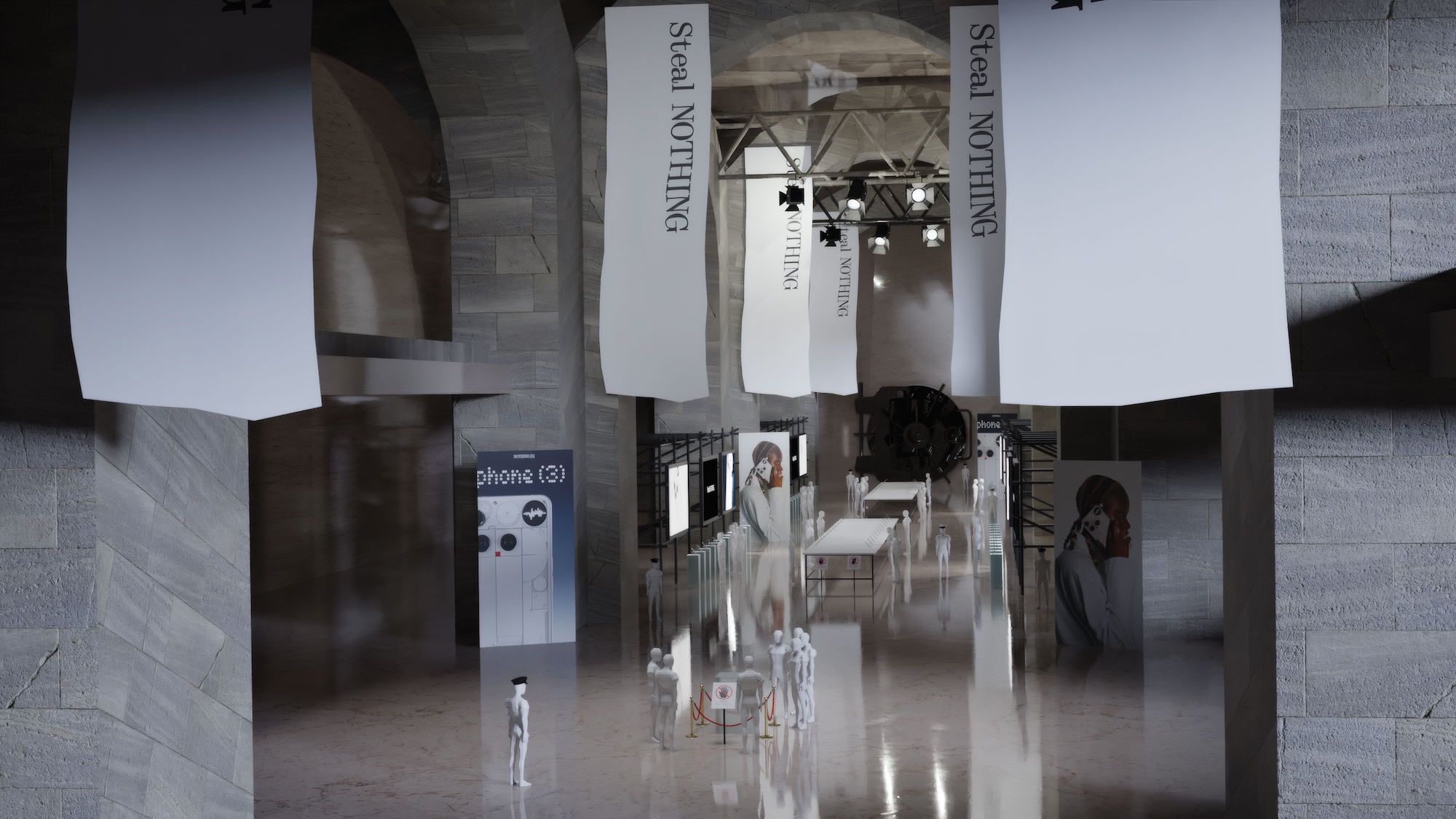 An indoor exhibition space with hanging white banners reading ‘NOTHING’ and glossy mirrored panels reflecting the corridor below.