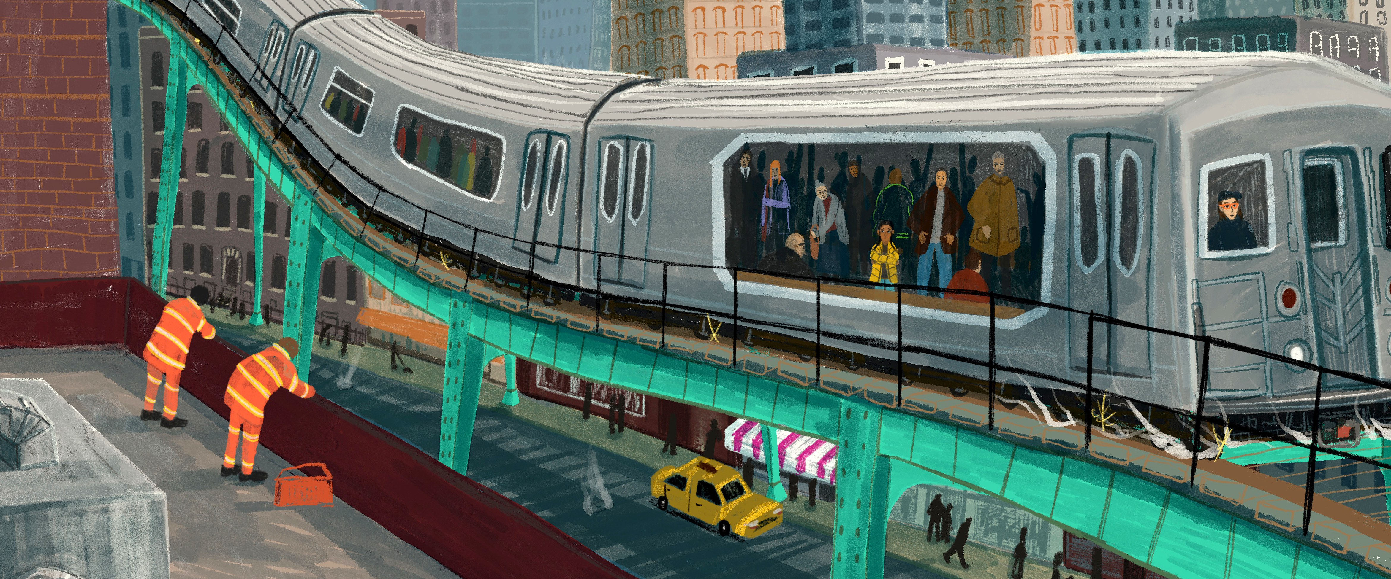 Illustration of an overground train on a bridge over a street, with people in the carriages and city buildings either side.