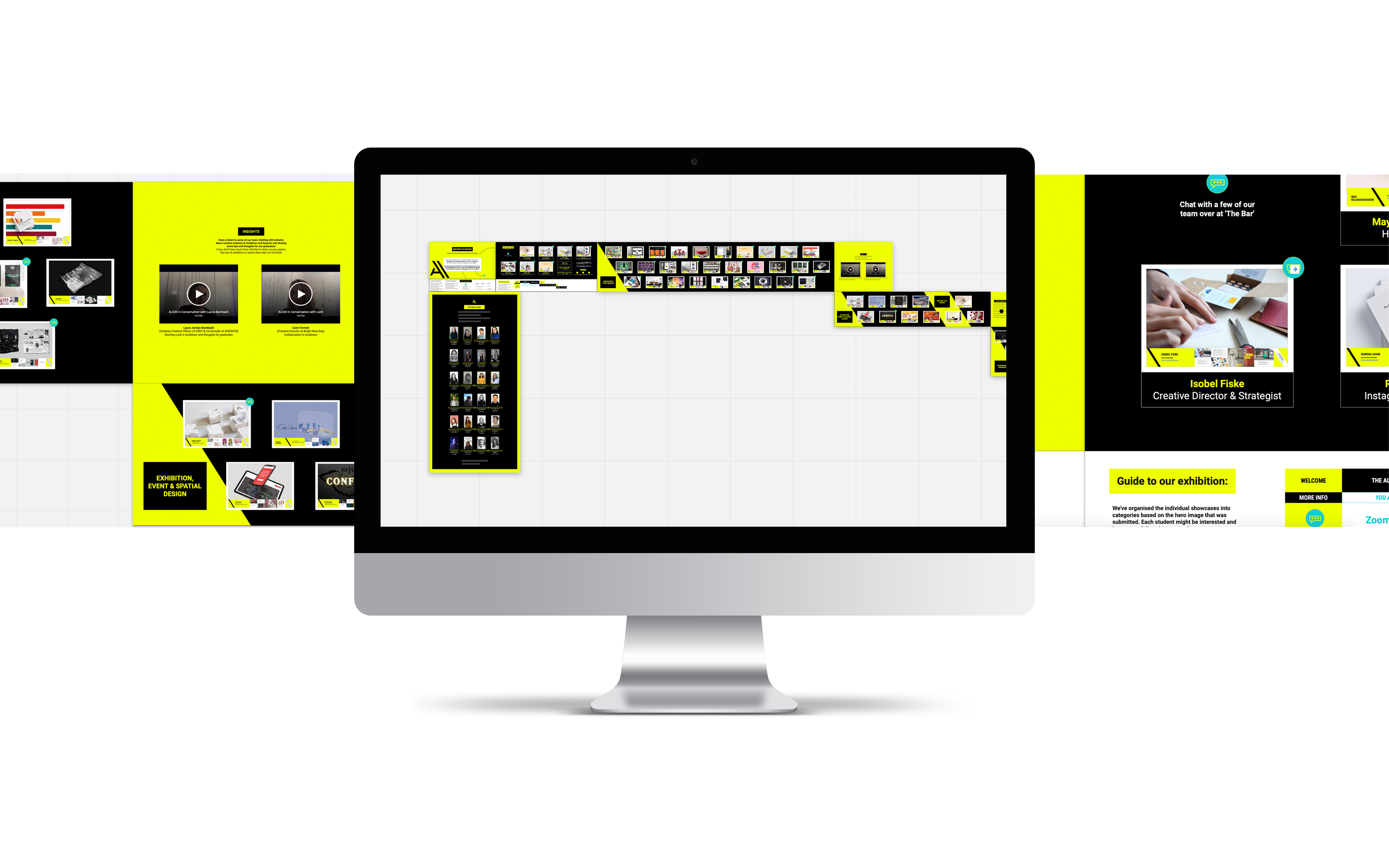An Apple Mac monitor sits on a plain background in the centre, flanked by web page screens either side.