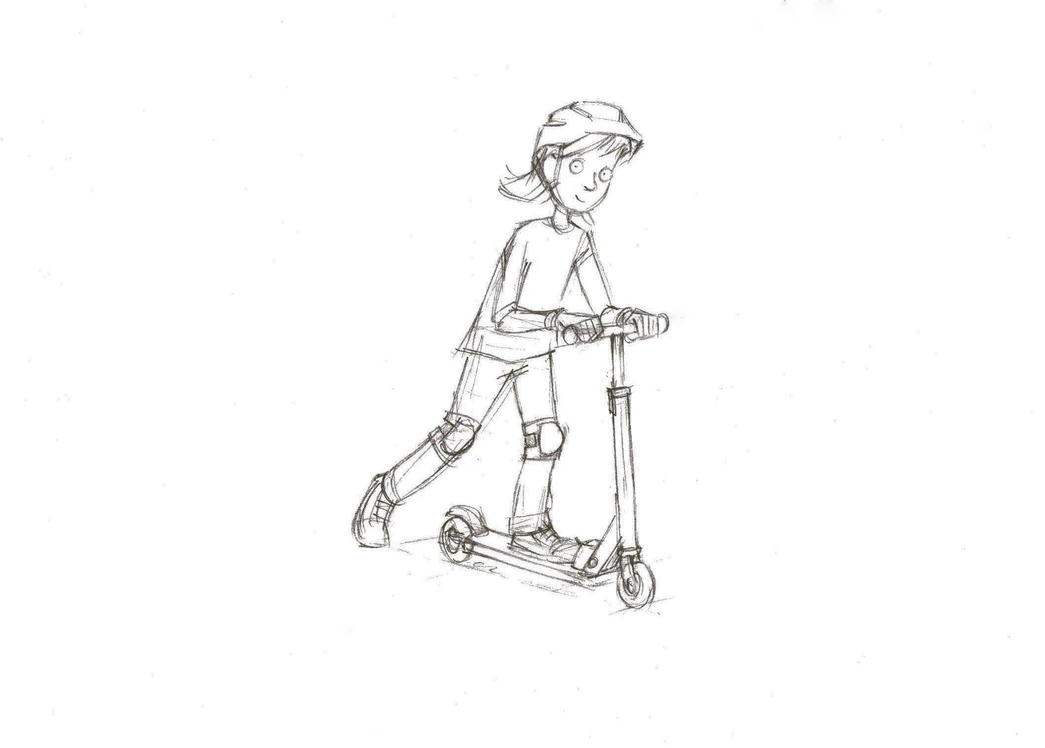 Sketch of a girl wearing protective gear riding a scooter.