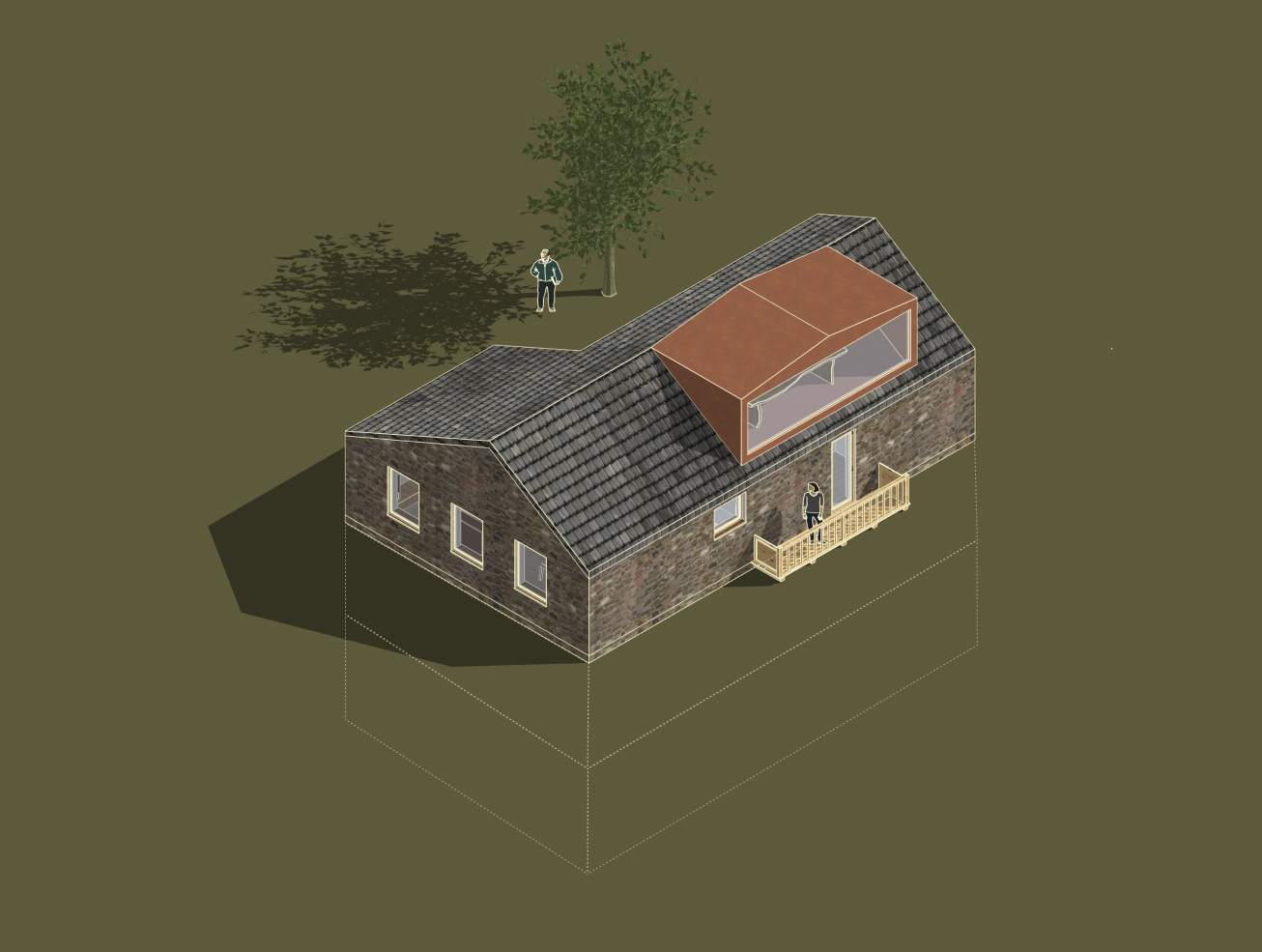 Isometric illustration of house with grey roof, orange dormer extension, brown walls, and small balcony on olive green background with trees.
