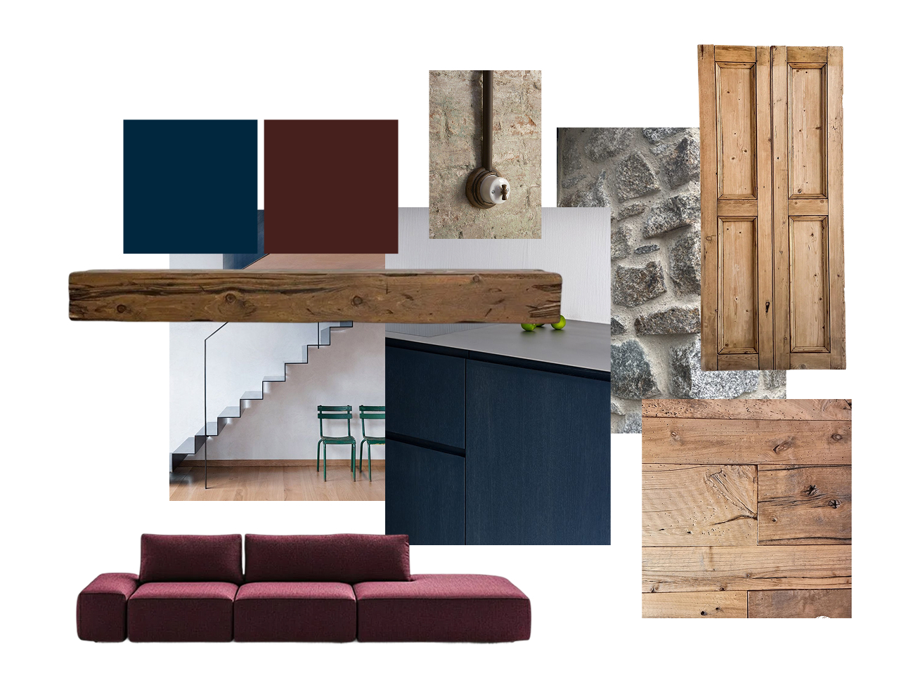 Interior design mood board featuring teal and burgundy colour squares, wooden textures, modern burgundy sofa, and architectural staircase elements on white background.