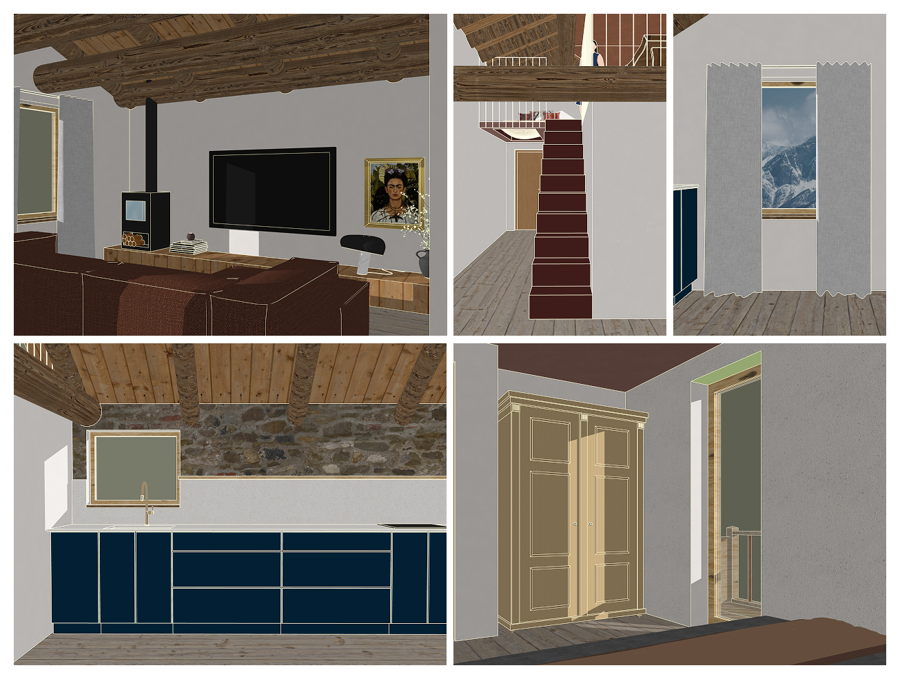 Five interior design renderings showing different home spaces: living room with TV unit, staircase with red runner, hallway with artwork, kitchen with teal cabinets, and bedroom with wooden wardrobes.