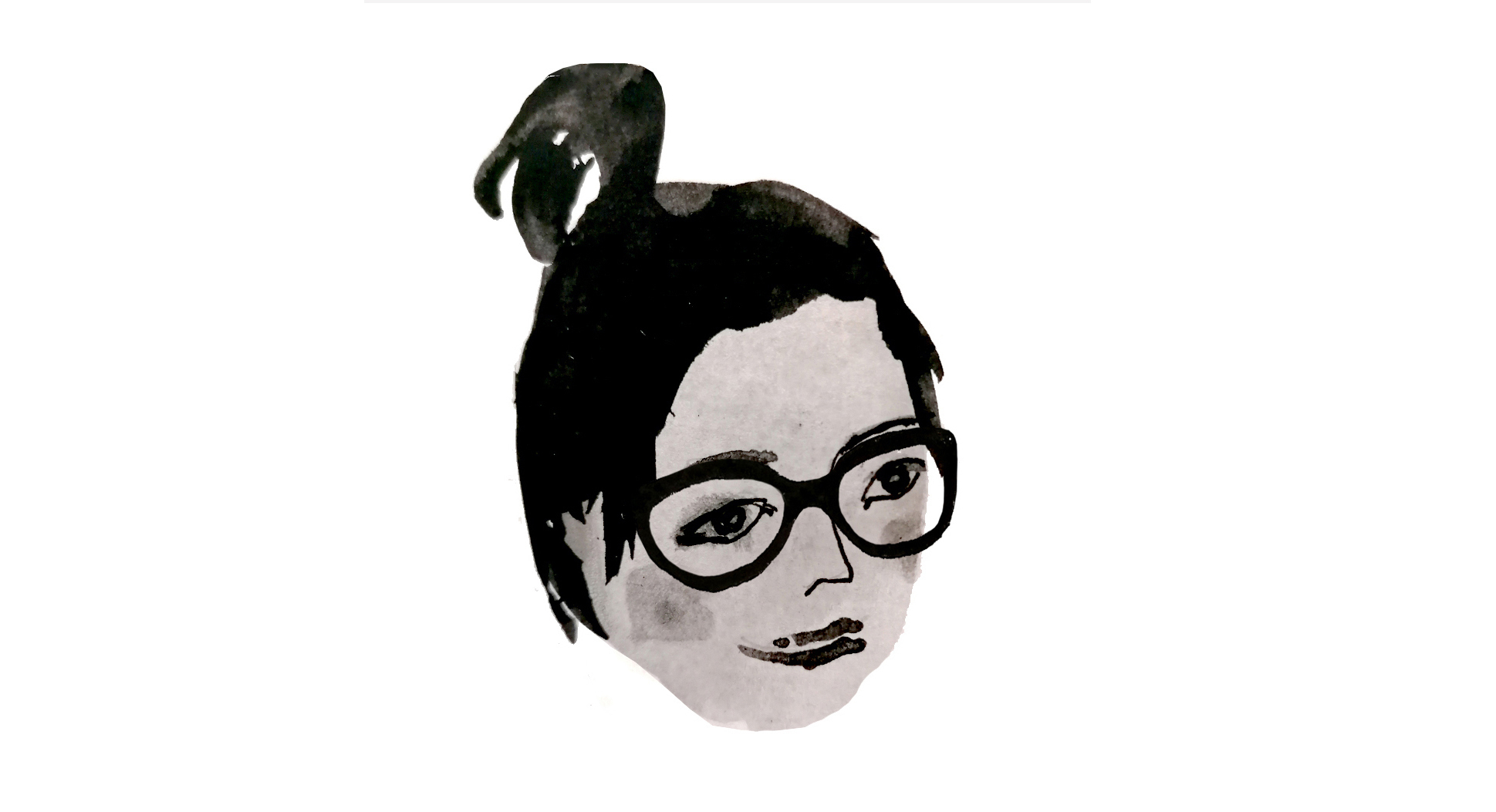 Watercolour illustration of woman's head with black hair in top knot, round glasses, and pale pink skin tones on white background.