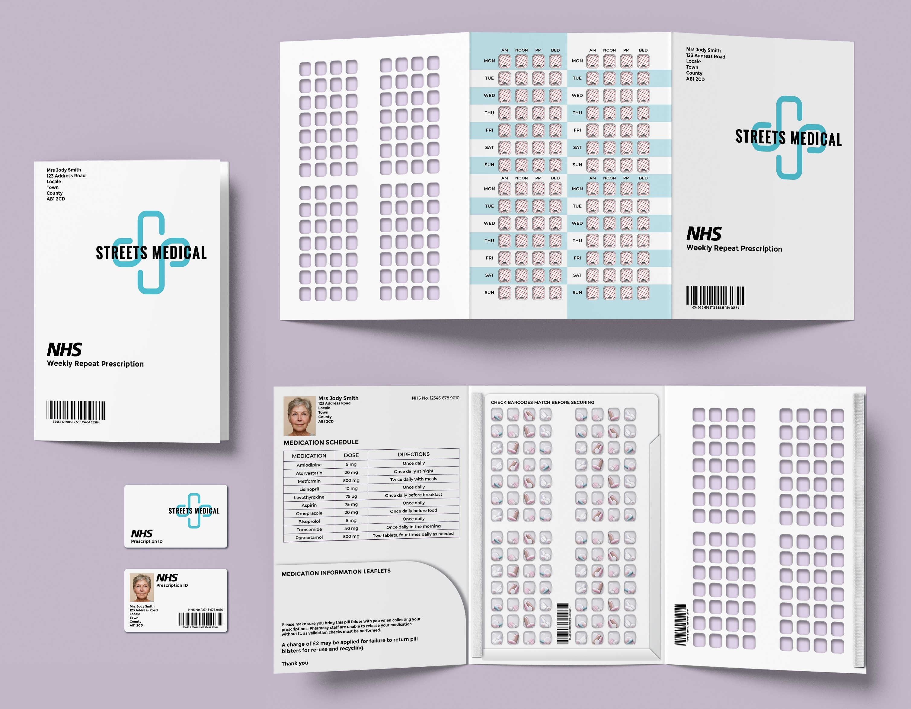 Layout of NHS weekly prescription leaflets and cards with blue logo on white background, pill holders across four per day and multiple weeks.