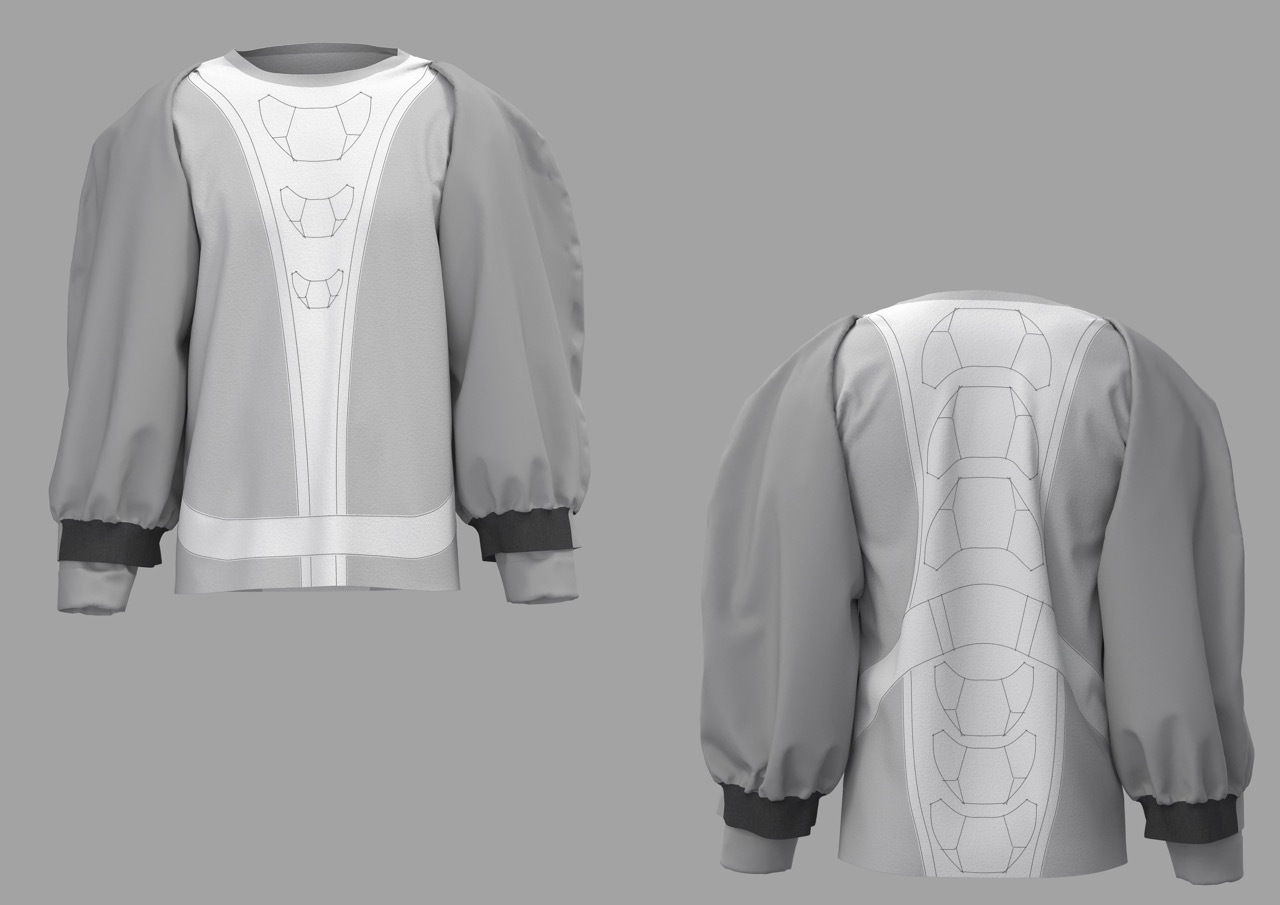 Alex's modular jacket in greyscale, rendered with 3D software