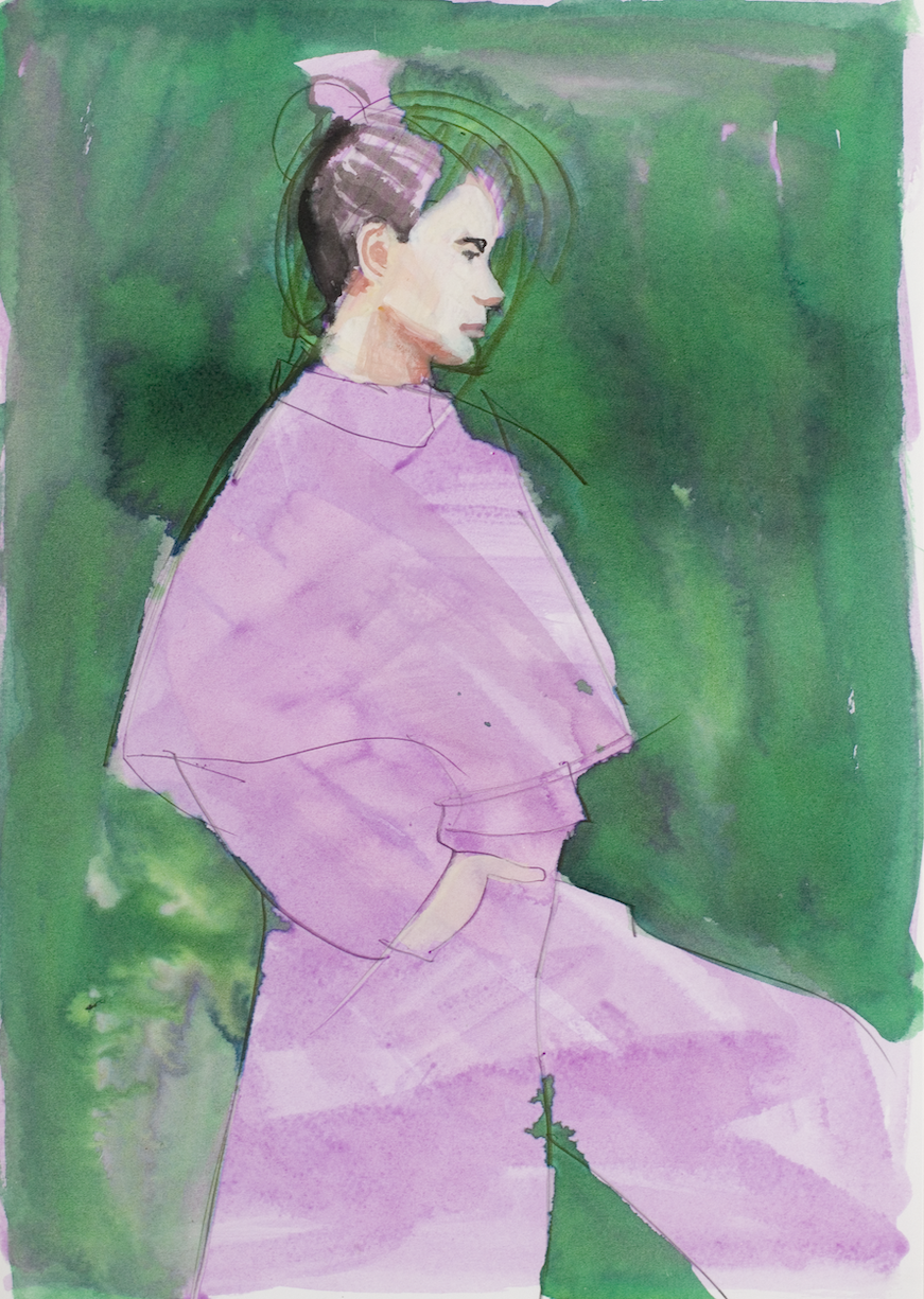 Painting of a woman wearing a pink dress on a green background.