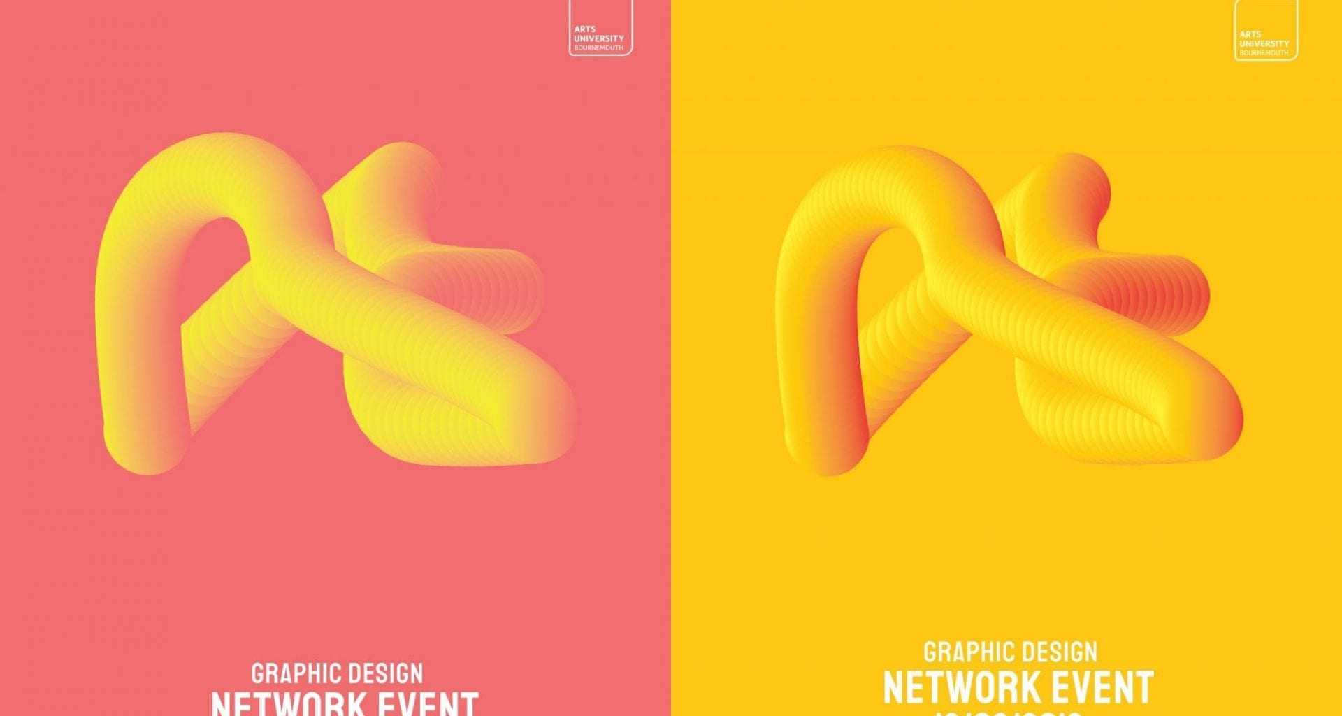 Poster showing two versions of an unusual 3D shape. The words Graphic Design Network Event appear at the bottom.