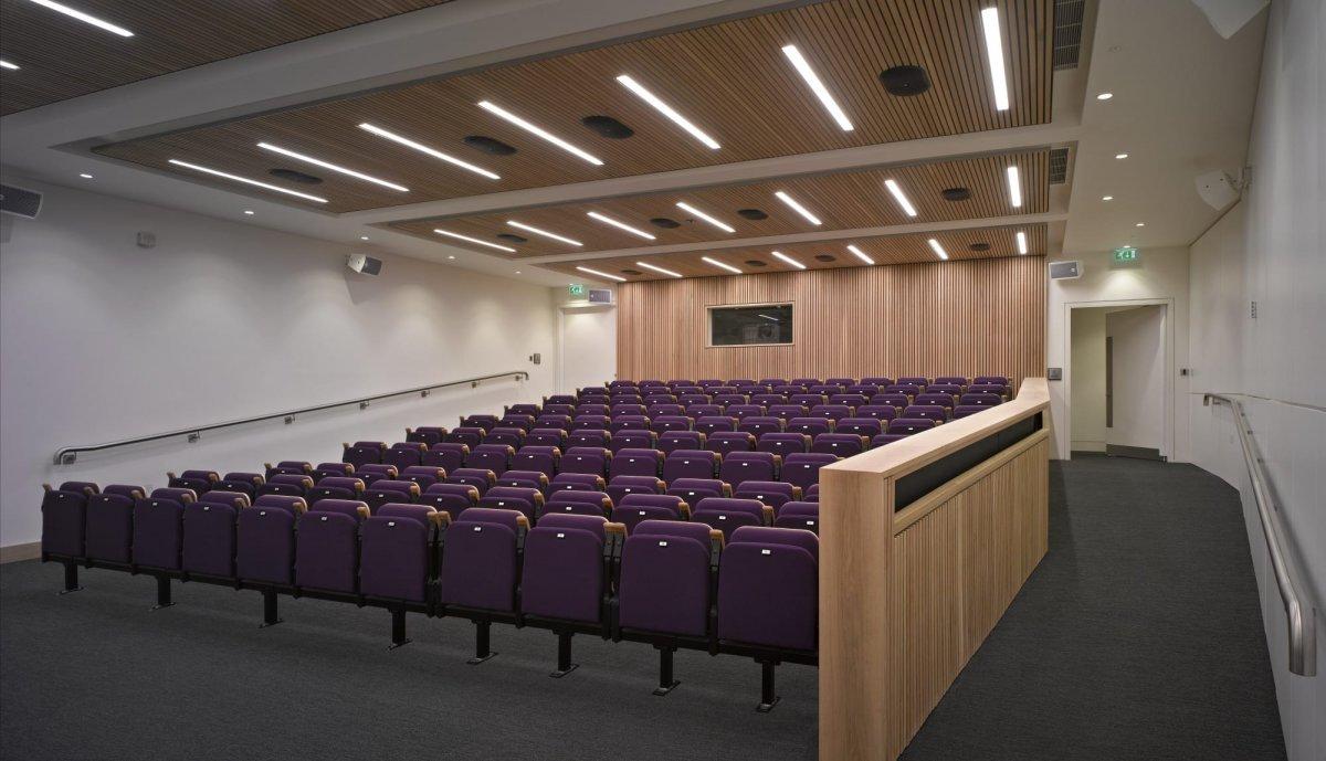 Multiple rows of empty folding seats in a lecture theatre, viewed from the side.