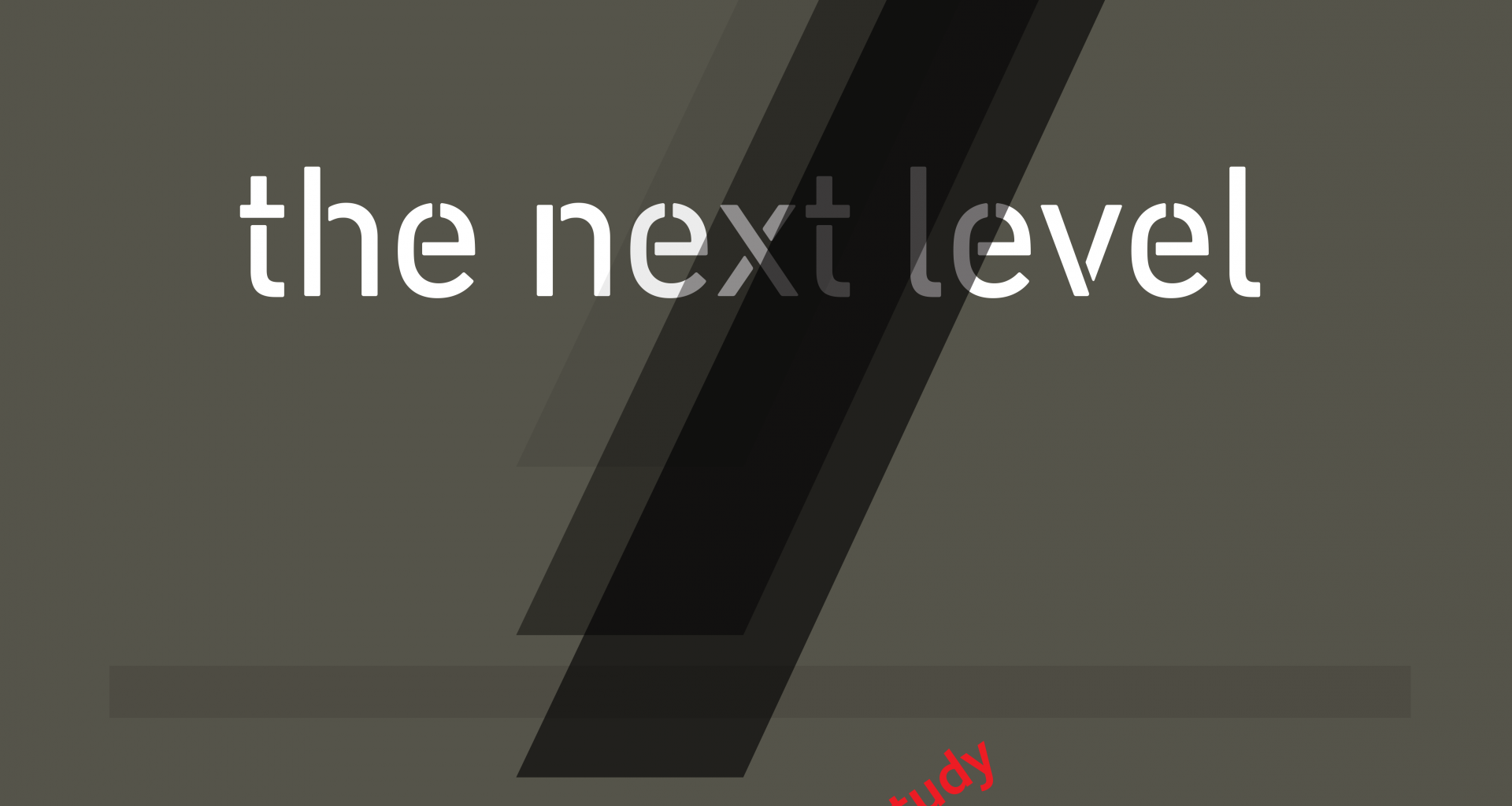 Grey banner with the text "the next level" and a pair of black diagonal stripes near the middle.
