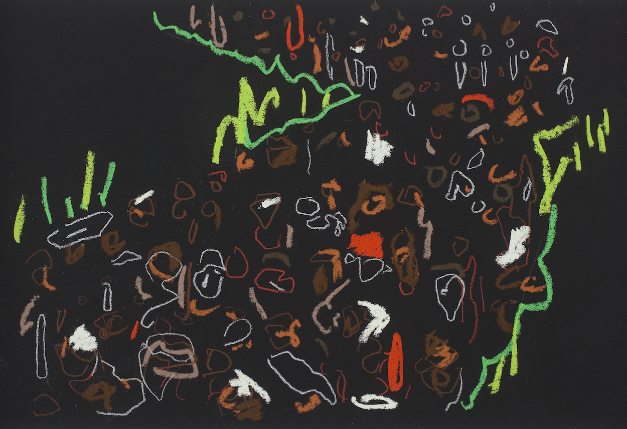 An abstract drawing on a dark background of orange, brown and yellow shapes.