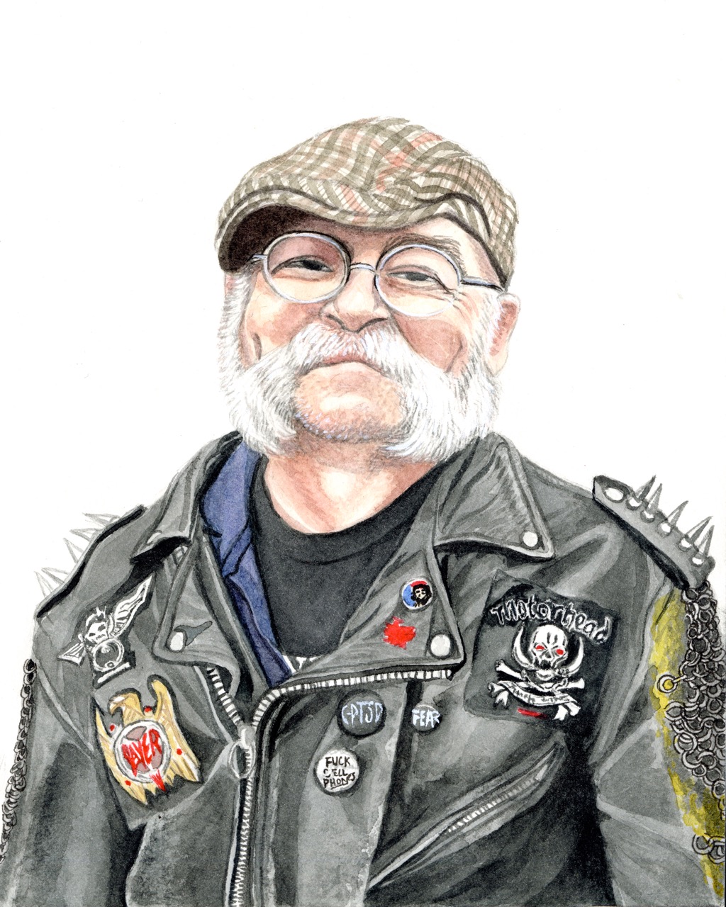 An illustrated portrait of an older man with glasses, a flat cap and white facial hair, wearing a black leather jacket with punk-style patches and studs against a plain white background.