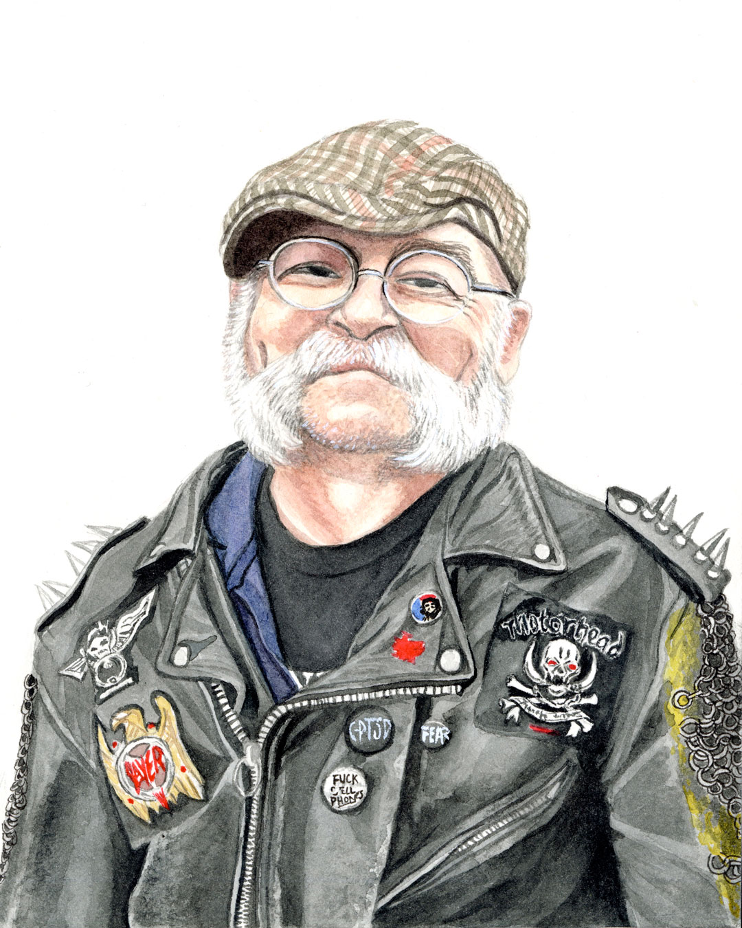 A portrait of an older man wearing a flat cap, round glasses and a studded leather jacket with patches, against a plain white background.