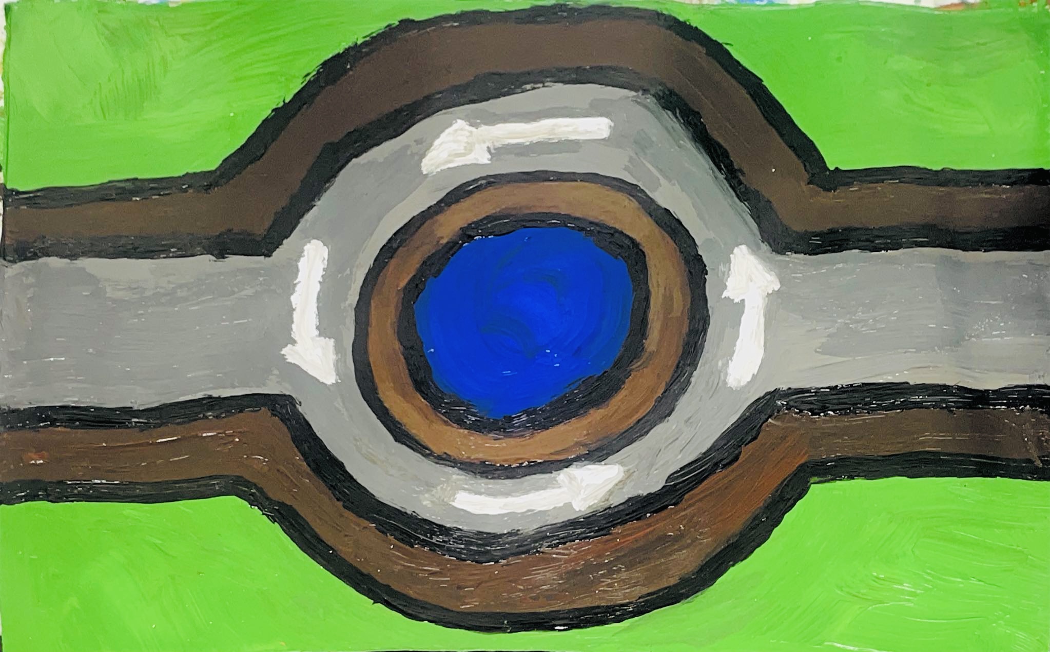 A hand-painted abstract design with a blue circle in the centre, surrounded by brown and grey bands on a bright green background.