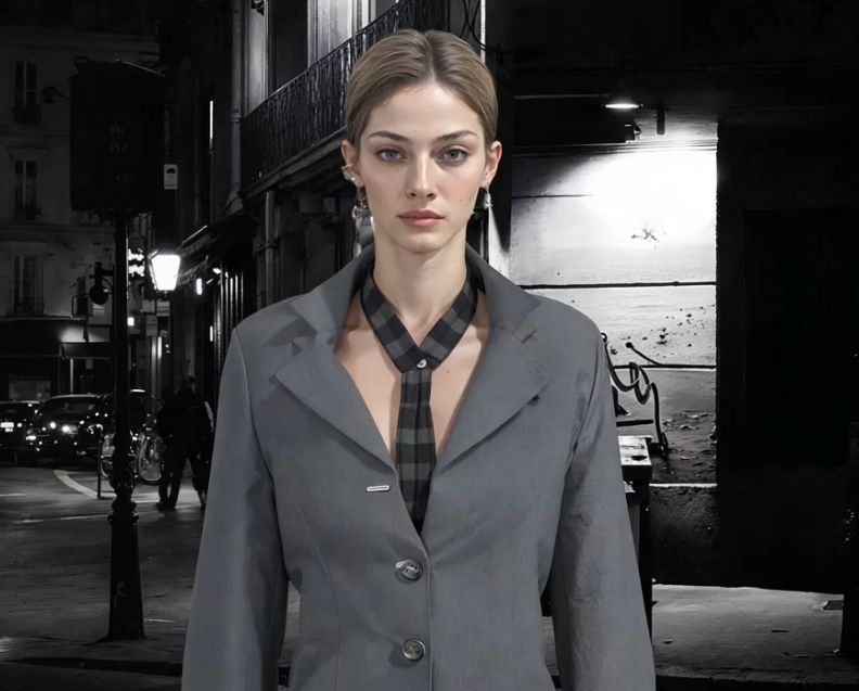 Digital representation of a model wearing a grey button-up jacket and a striped button-on tie. A black-and-white image of a street corner is in the background.