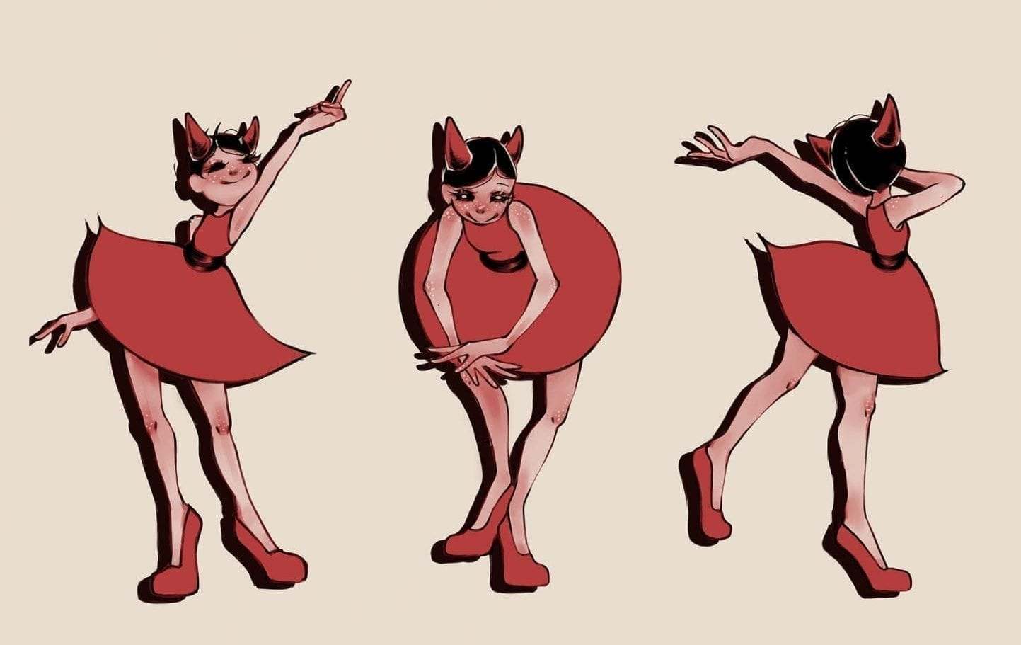 Three variations of an illustration of a cartoon character in a short skirt and devil horns in different poses.