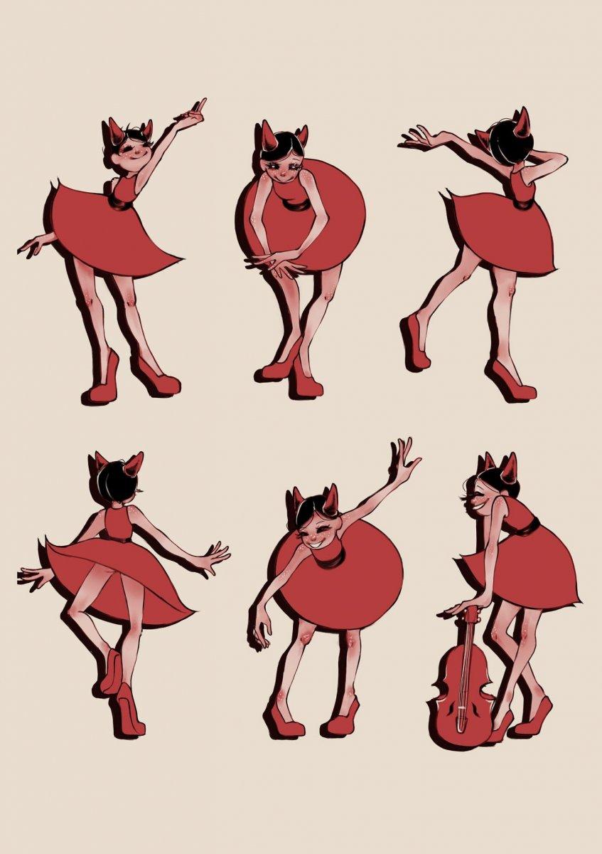 Six variations of an illustration of a cartoon character in a short skirt and devil horns in different poses.